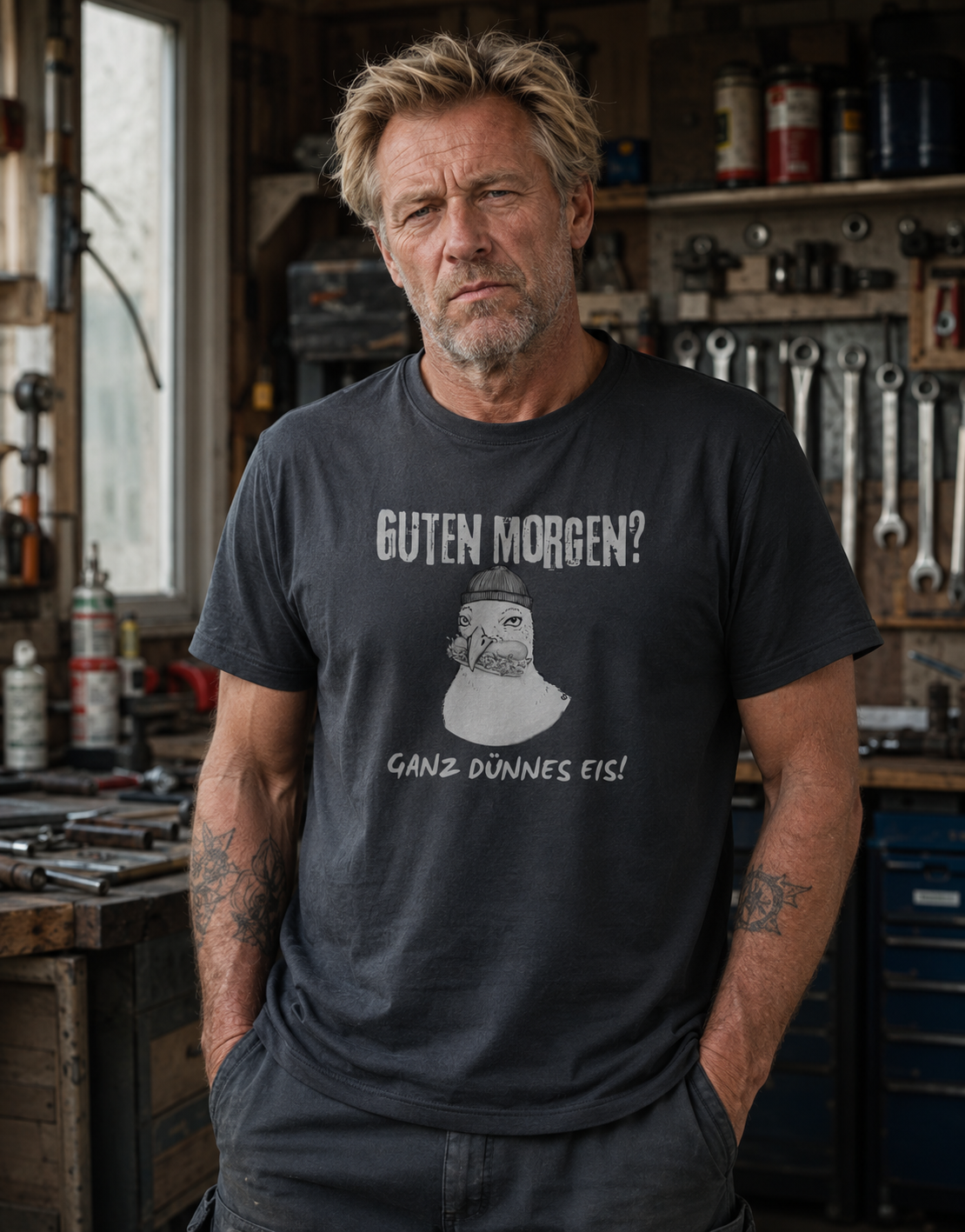 Guten Morgen T-Shirt mit humorvollem Möwen-Print und Spruch „Ganz dünnes Eis“, getragen von einem blonden Mann in einer Werkstatt. Nachhaltiges Herren Shirt im rustikalen Workwear- und Küstenlook mit norddeutschem Humor.