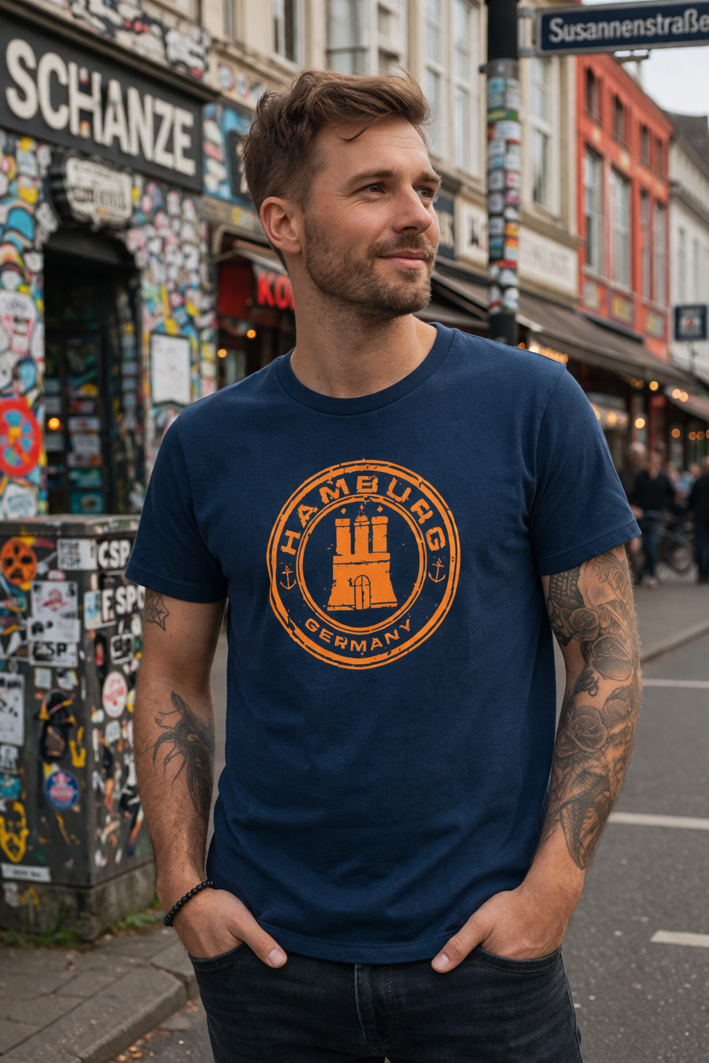 Hamburg Stamp T-Shirt – Druck neon orange groß