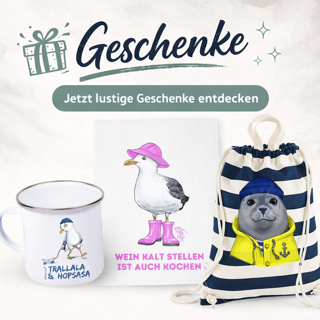 Lustige und besondere Geschenke für Männer & Frauen: maritime Geschenkideen wie Tassen, Geschirrtücher und Taschen – perfekte Geschenke für Camper, als Ostergeschenk, Weihnachtsgeschenk, originelle Geschenke unter 25 Euro und Geschenkideen, die garantiert für Lacher sorgen