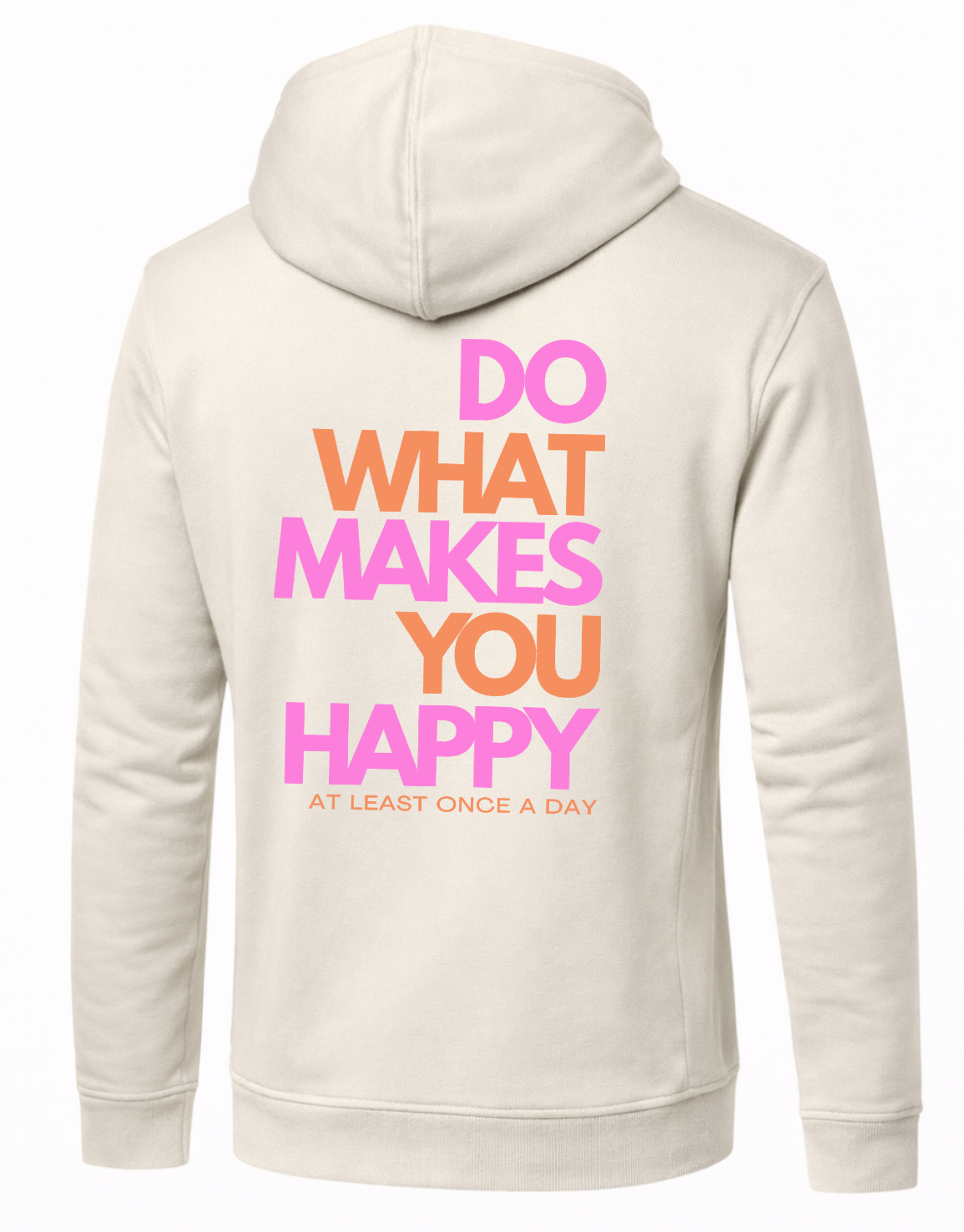 Statement Hoodie Damen nachhaltig: Du siehst eine Frau von hinten am Strand bei Sonnenuntergang, sie trägt einen hellen Hoodie mit großem farbigen Print „Do what makes you happy“ im lässigen Beach- und Lifestyle-Look.