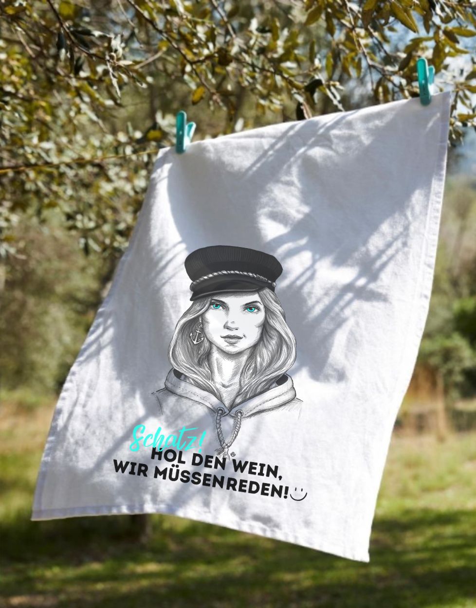 Geschirrhandtuch lustig Seefrau Hol den Wein