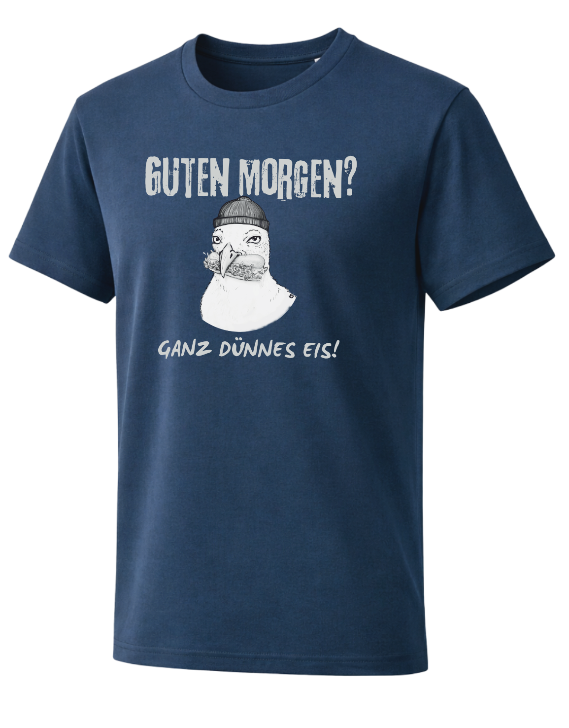 Nachhaltiges navyblaues Hamburg T-Shirt mit handgezeichneter Möwe und humorvollem Küstenspruch im modernen Streetwear Look, lustig für morgenmuffel.