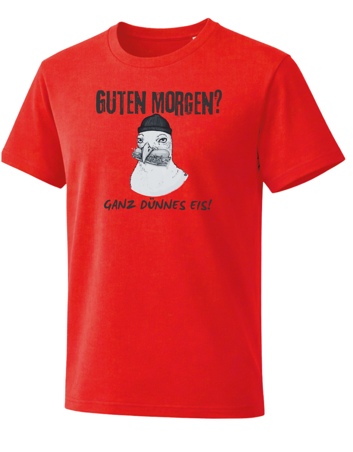 Rotes T-Shirt mit lustigem Möwenmotiv und „Ganz dünnes Eis!“ Print, inspiriert von norddeutschem Humor und Hamburger Hafenflair.