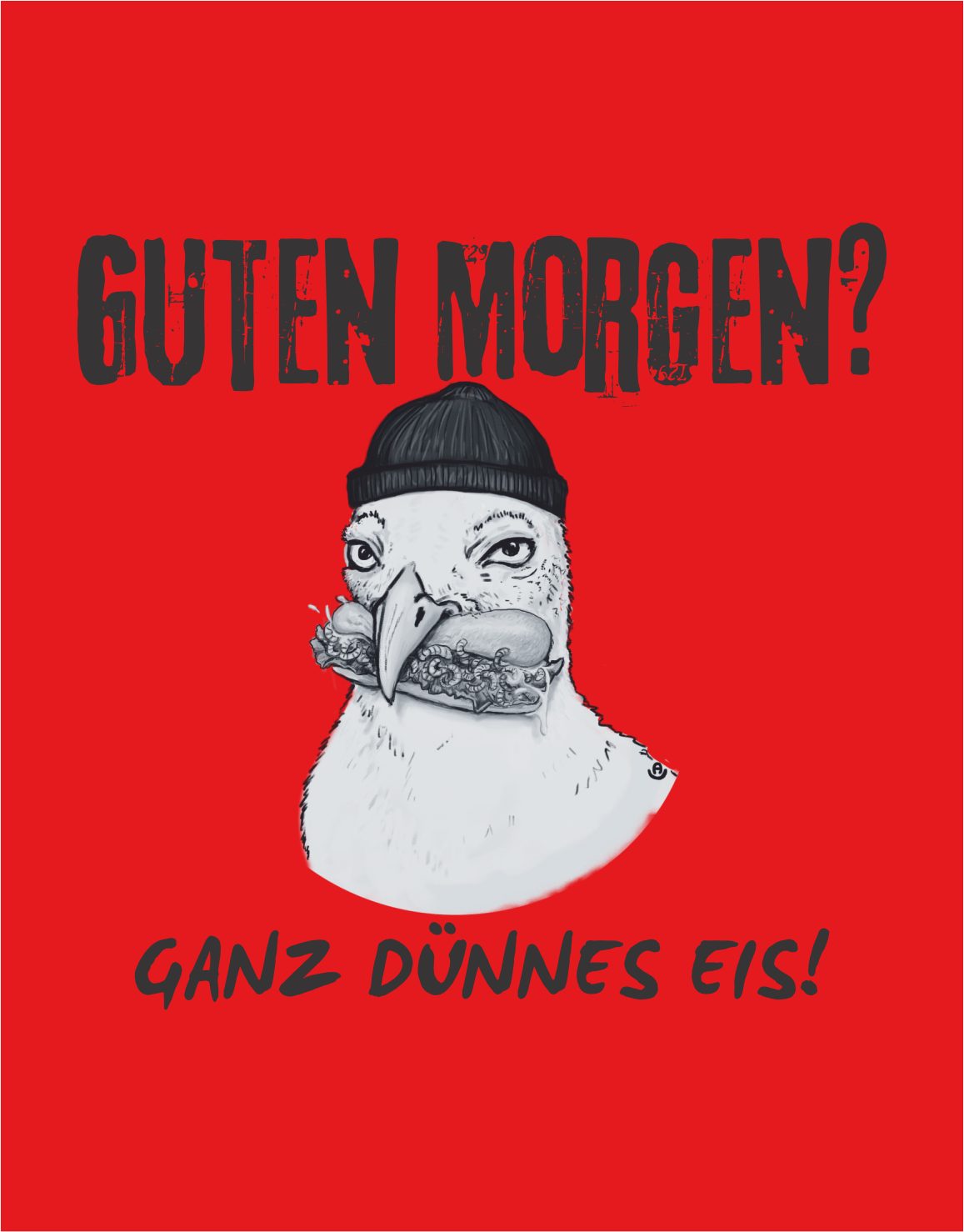 Detailaufnahme Rotes Unisex T-Shirt mit auffälligem Möwen-Design und humorvollem „Ganz dünnes Eis“-Spruch. Nachhaltiges Statement-Shirt mit norddeutschem Küstencharme.