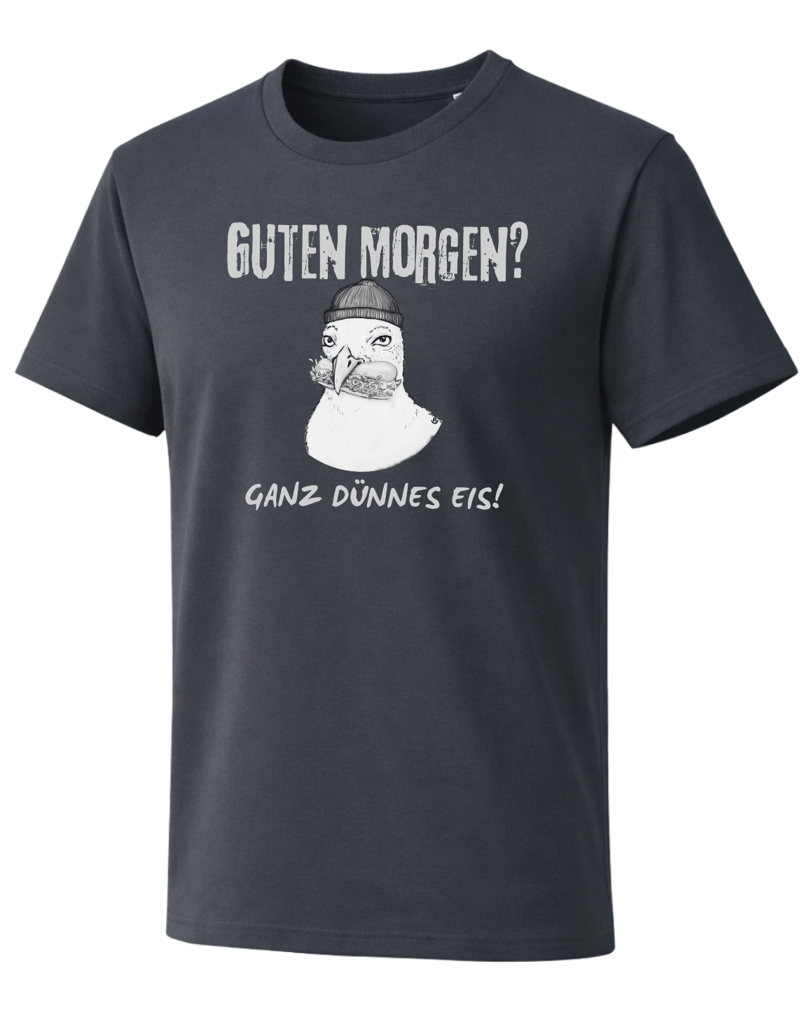 Schwarzes nachhaltiges Möwen Shirt mit humorvollem Hafenmotiv und norddeutschem Spruch im urbanen Streetwear Stil.