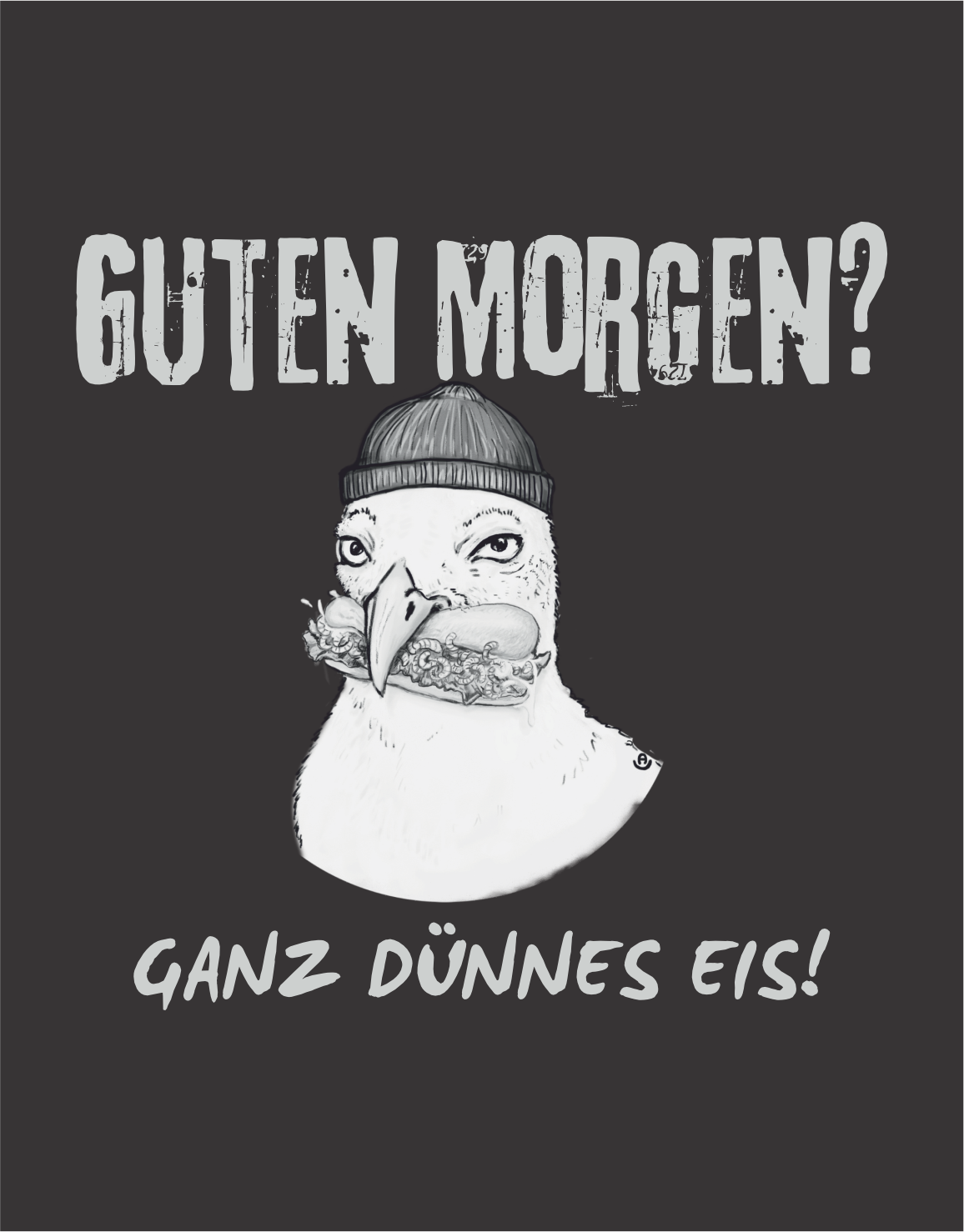 Detail Schwarzes Unisex T-Shirt mit humorvollem Möwen-Print und norddeutschem Spruch „Ganz dünnes Eis!“. Nachhaltige Streetwear mit Küstenmotiv und Vintage-Stil.
