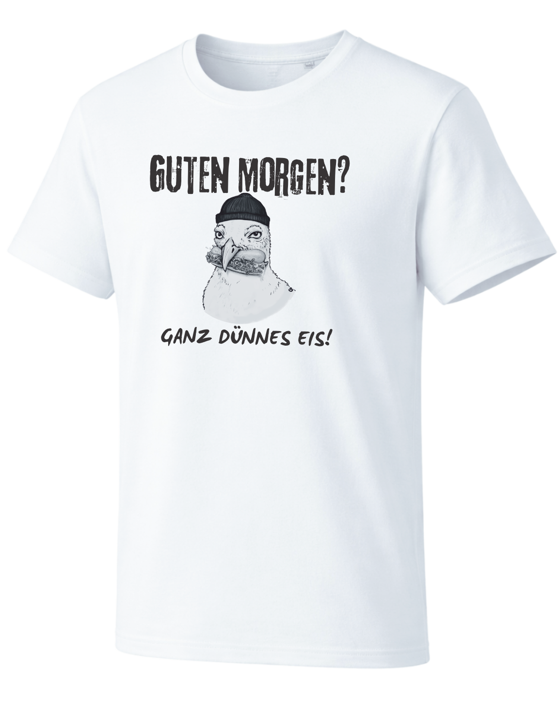 Weißes Hamburg T-Shirt mit handgezeichnetem Möwenmotiv und „Guten Morgen? Ganz dünnes Eis!“ Print im minimalistischen Küstenlook.