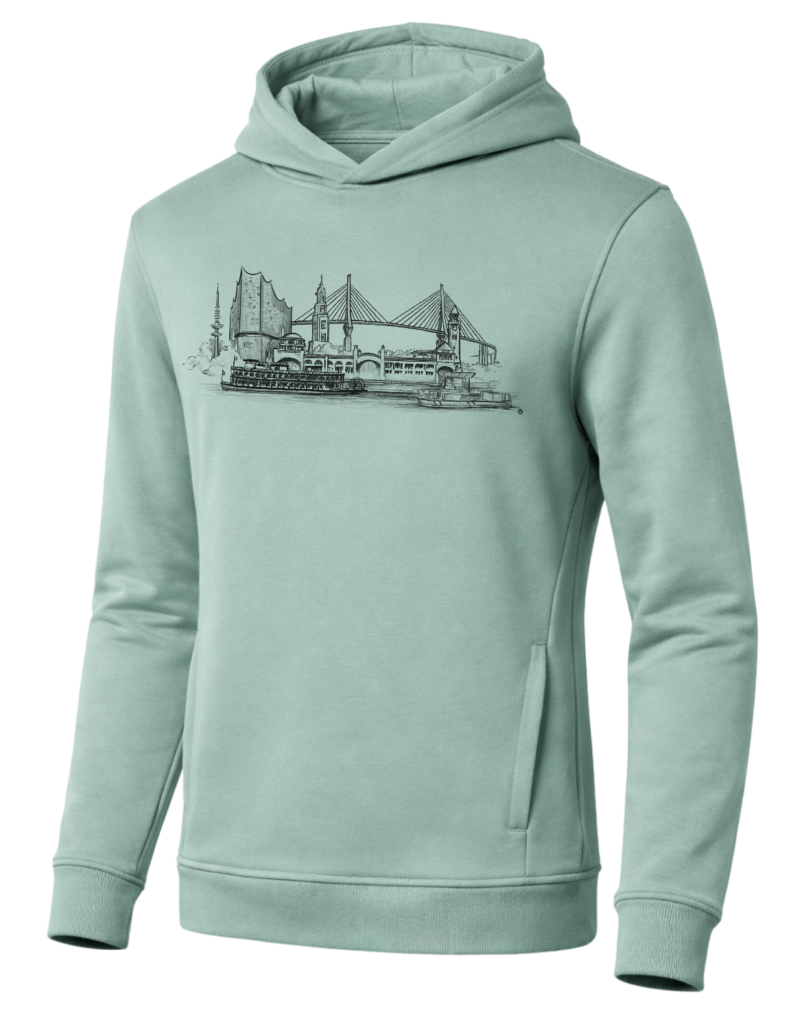 Grüner Hoodie mit handgezeichneter Hamburg Skyline – fair produziert