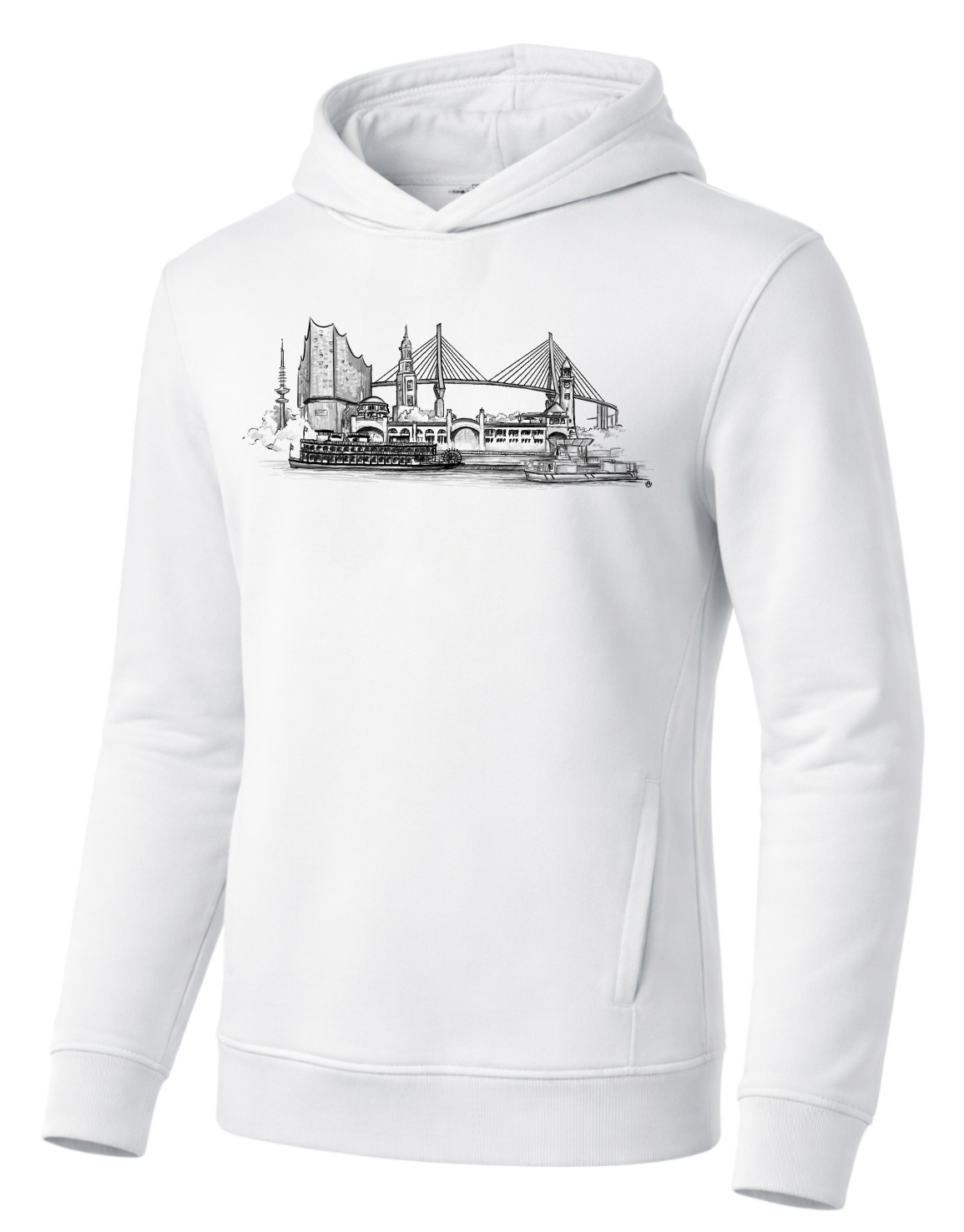 Weißer Hoodie mit Hamburg Skyline Illustration – minimalistisches Design