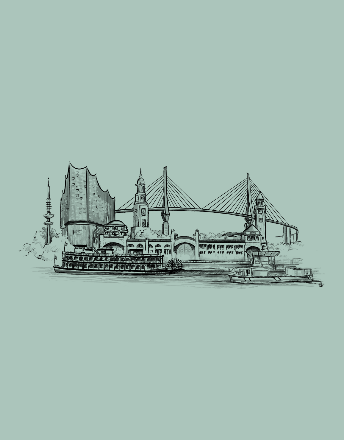 Hamburg Skyline Illustration auf grünem Hoodie – hochwertiger Print