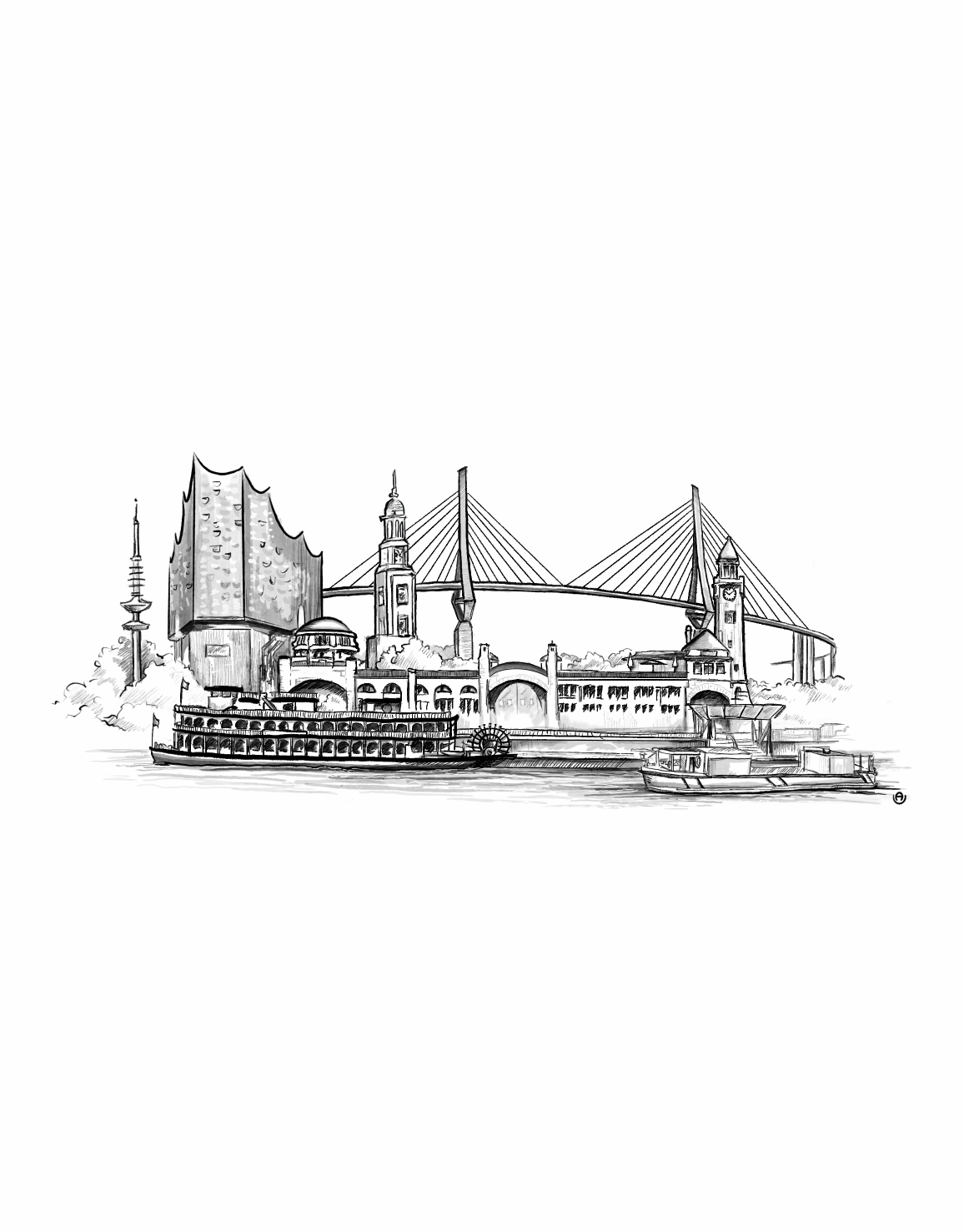 Handgezeichnete Hamburg Skyline mit Elbphilharmonie und Hafen – Illustration aus Hamburg
