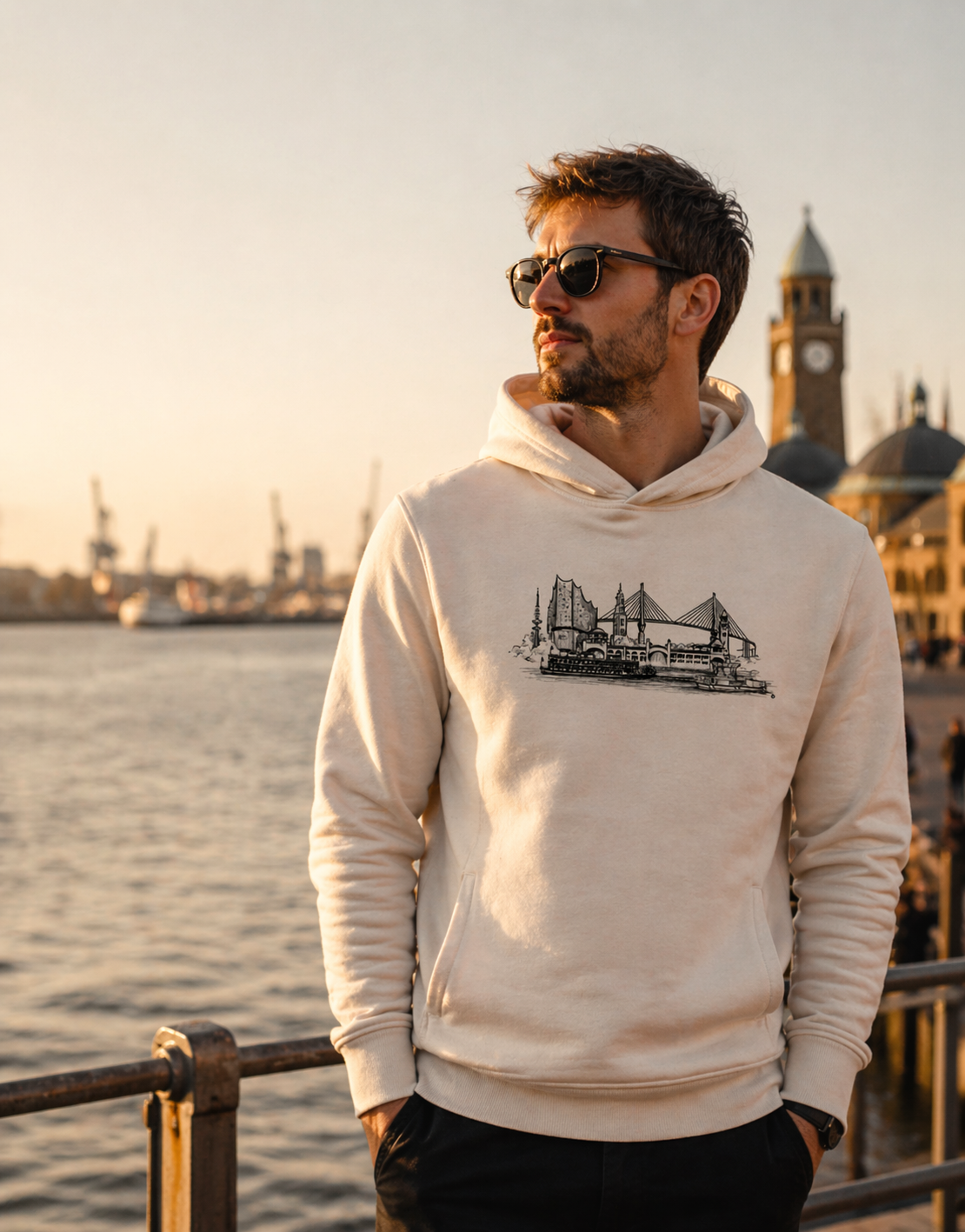 Herren Hoodie am Hafen: Ein Mann im beigen Hoodie mit Print steht am Wasser vor urbaner Kulisse bei Sonnenuntergang, moderner Streetstyle mit maritimem Lifestyle-Flair.