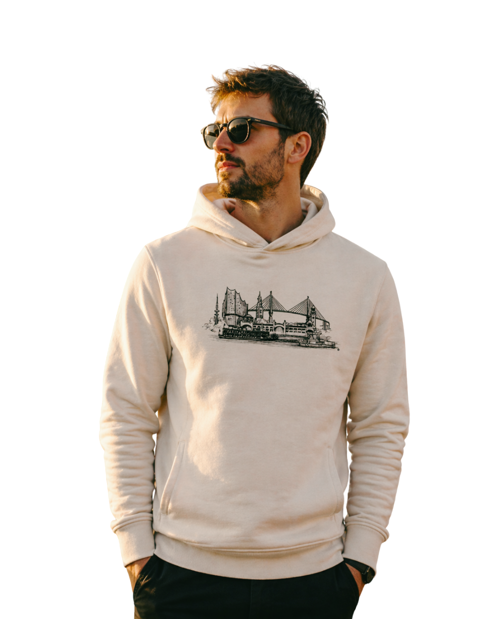 Herren Hoodie Outfit: Ein Mann mit Sonnenbrille trägt einen beigen Hoodie mit Stadtmotiv vor hellem Hintergrund, lässiger Streetwear Look für Mode und Casual Style.