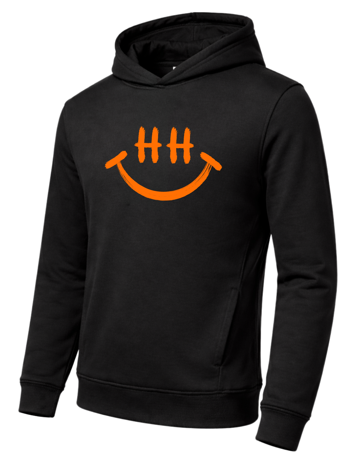 Schwarzer Hoodie mit Kapuze und seitlichen Eingrifftaschen, auf der Brust ein kräftiger orangefarbener Smiley-Aufdruck mit stilisierten „HH“-Augen und gebogenem Mund. Schlichtes, modernes Kleidungsstück mit hohem Kontrast zwischen Stoff und Print.