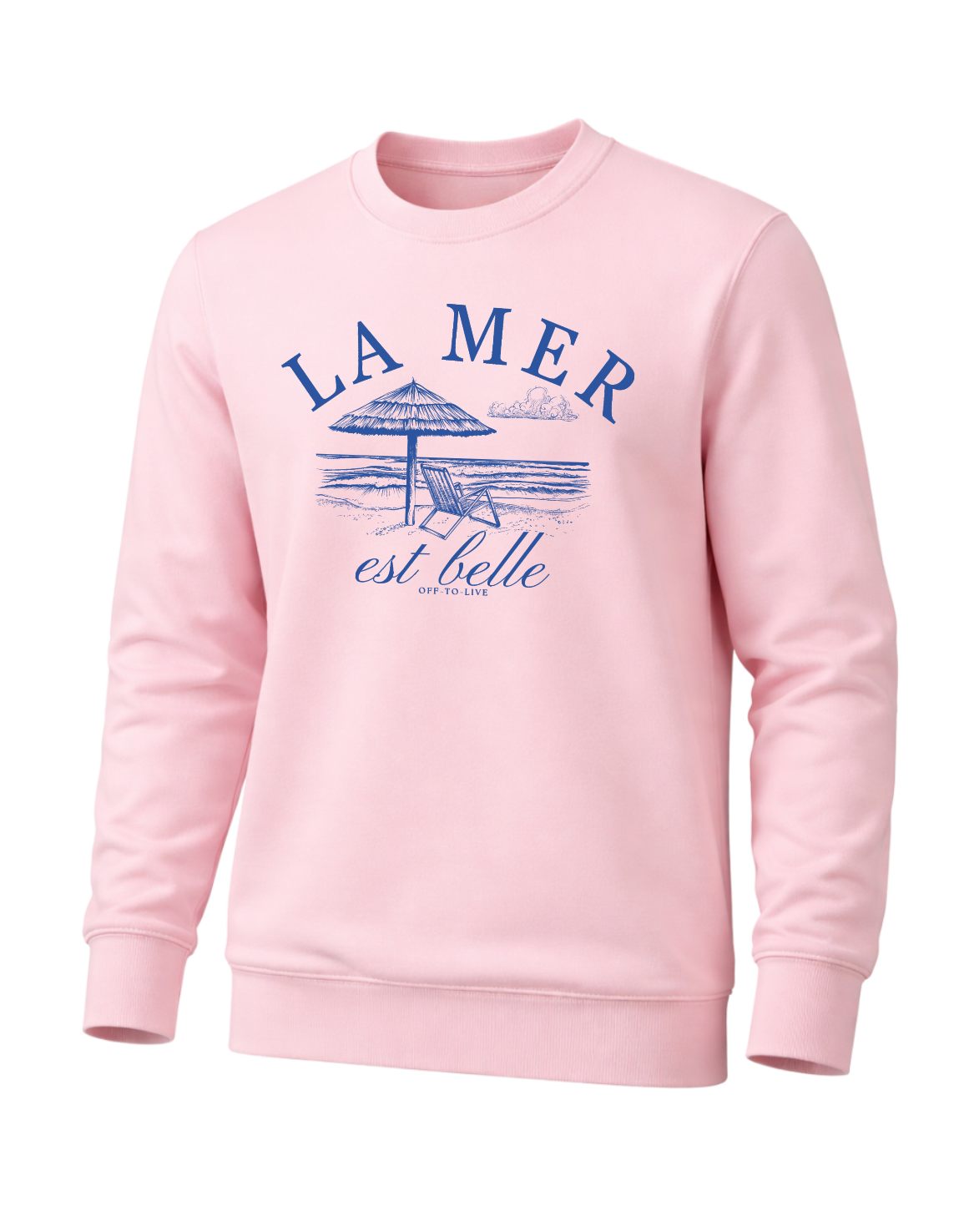 Zartrosa Sweater mit stilvollem ‘La Mer est belle’-Print in Blau – moderner Unisex-Pullover mit maritimem Strandmotiv (Sonnenschirm & Meerblick), angenehm weich und perfekt für feminine, entspannte Casual-Looks mit sommerlichem Flair. Leichtes Sweatshirt von Off-to-live