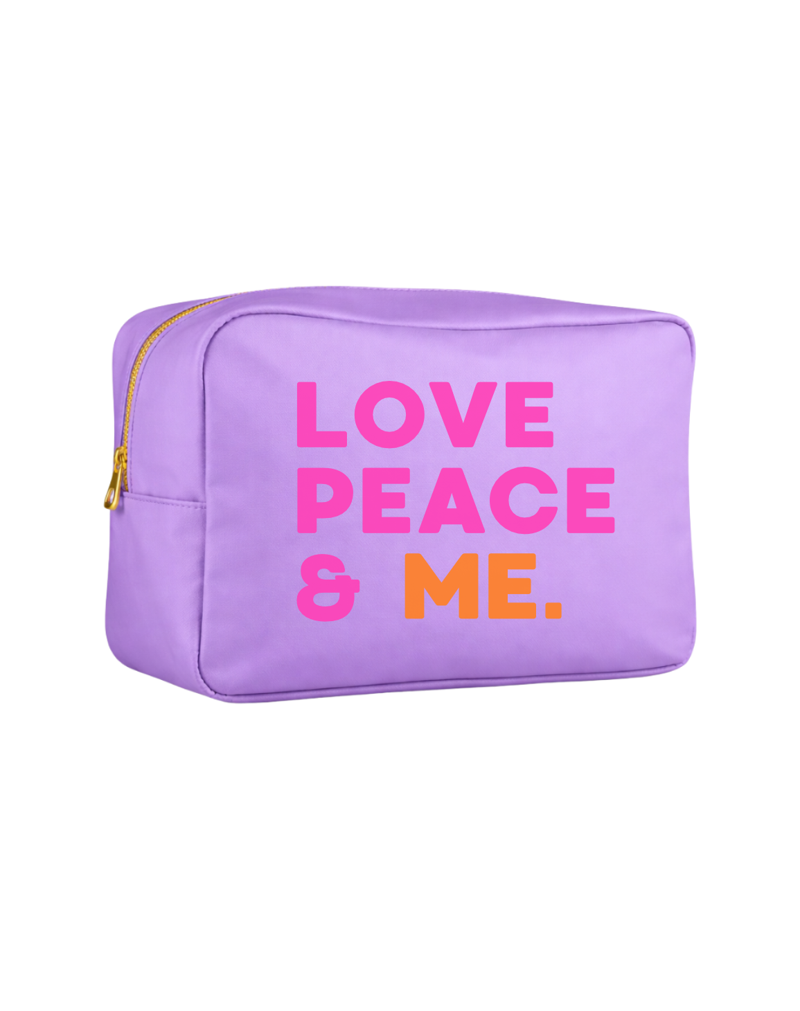 Lila Tasche mit „Love Peace & Me“ Schriftzug in Pink und Orange – fair produziert