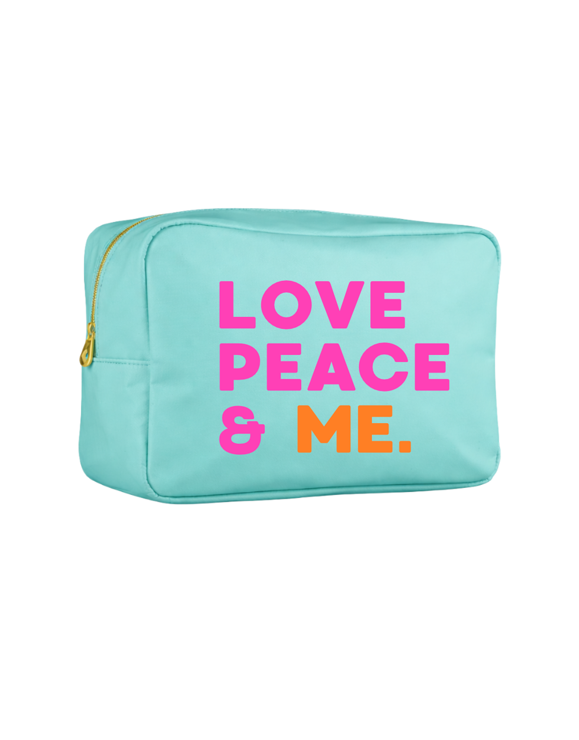Mintfarbene Kosmetiktasche mit „Love Peace & Me“ Print – nachhaltige Tasche aus Hamburg