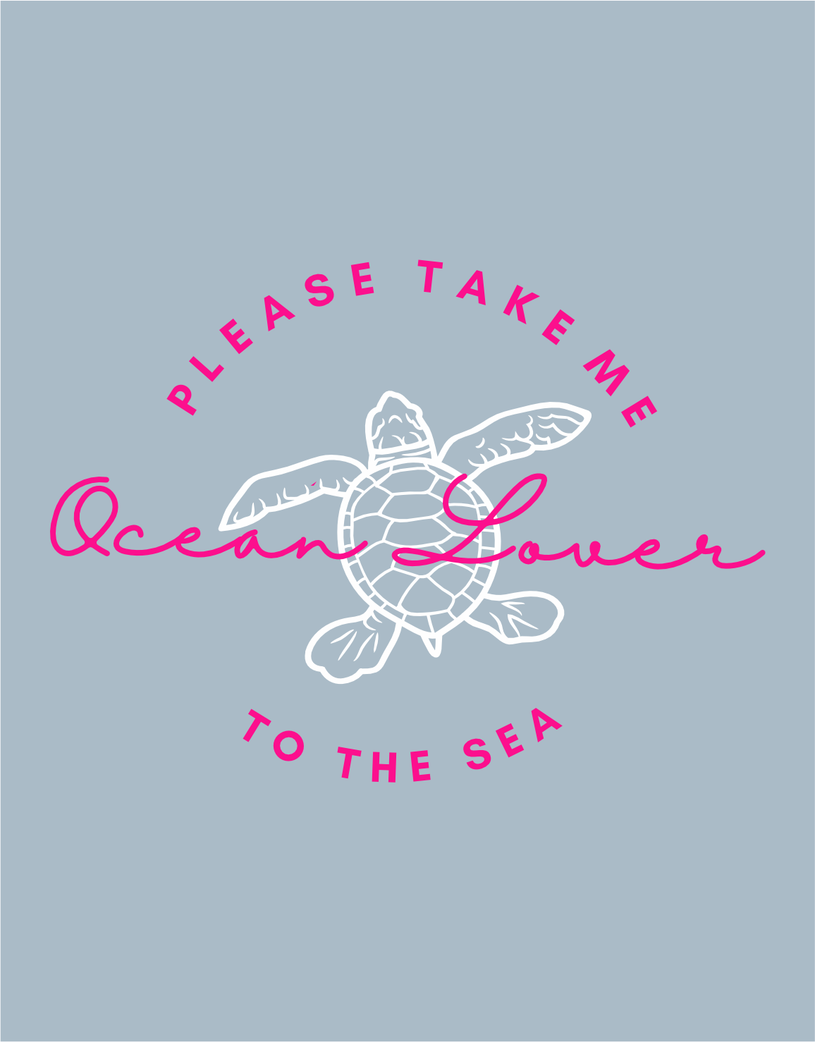 Ocean Lover Print Design hellblau: Detailansicht des pink-weißen Meeres-Prints mit Schildkröte und Schriftzug auf hellblauem Stoff – hochwertiger Hoodie Druck im maritimen Stil.