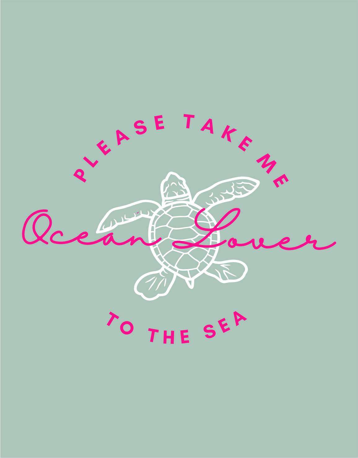 Ocean Lover Print Design sage: Detail des pink-weißen Schildkröten-Prints mit Schriftzug auf salbeigrünem Hoodie – stilvoller maritimer Druck für moderne Damen Hoodies.