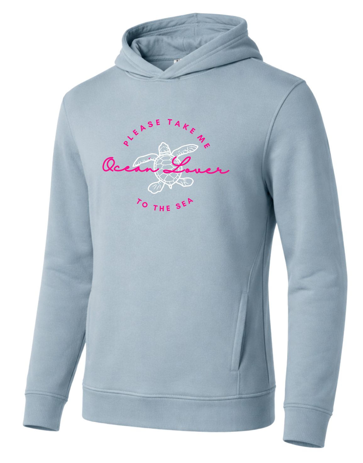 Hoodie Ocean Lover hellblau: Hellblauer Kapuzenpullover mit „Please take me to the sea“-Schriftzug und Schildkröte in Pink und Weiß – moderner Damen Hoodie mit maritimem Print.
