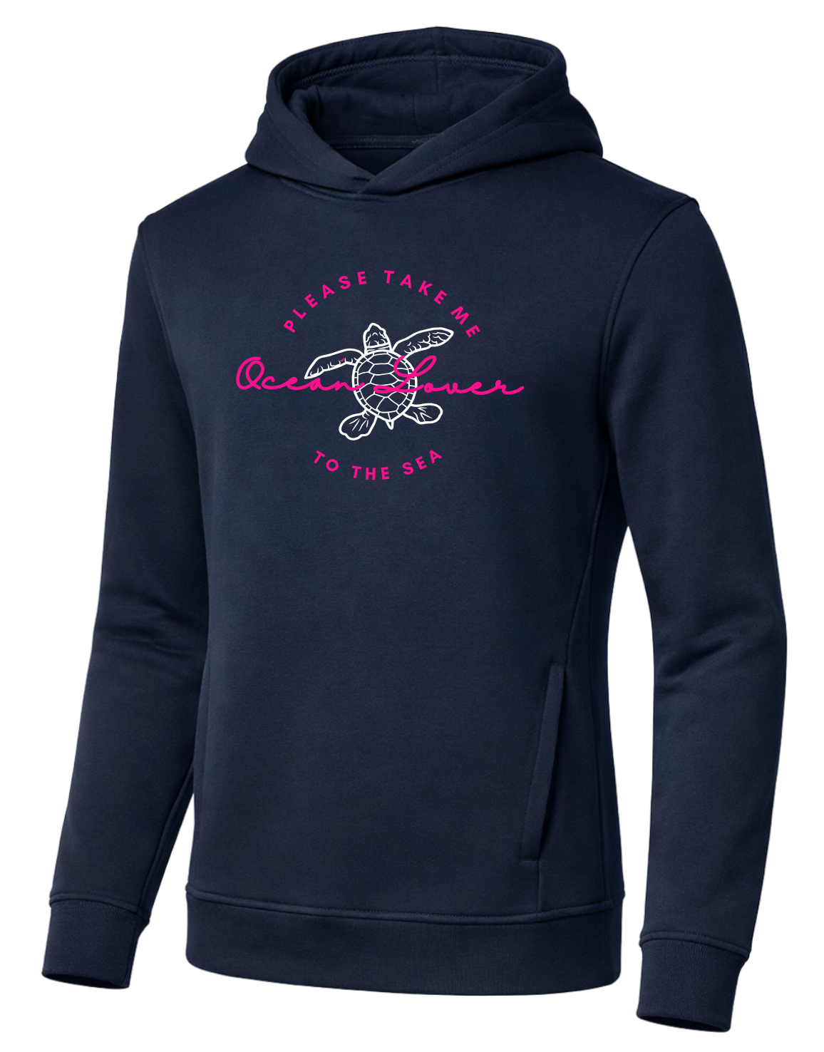 Hoodie Ocean Lover navy: Dunkelblauer Hoodie mit auffälligem pink-weißem Meeresmotiv und Schriftzug – bequemer Damen Kapuzenpullover im maritimen Design.