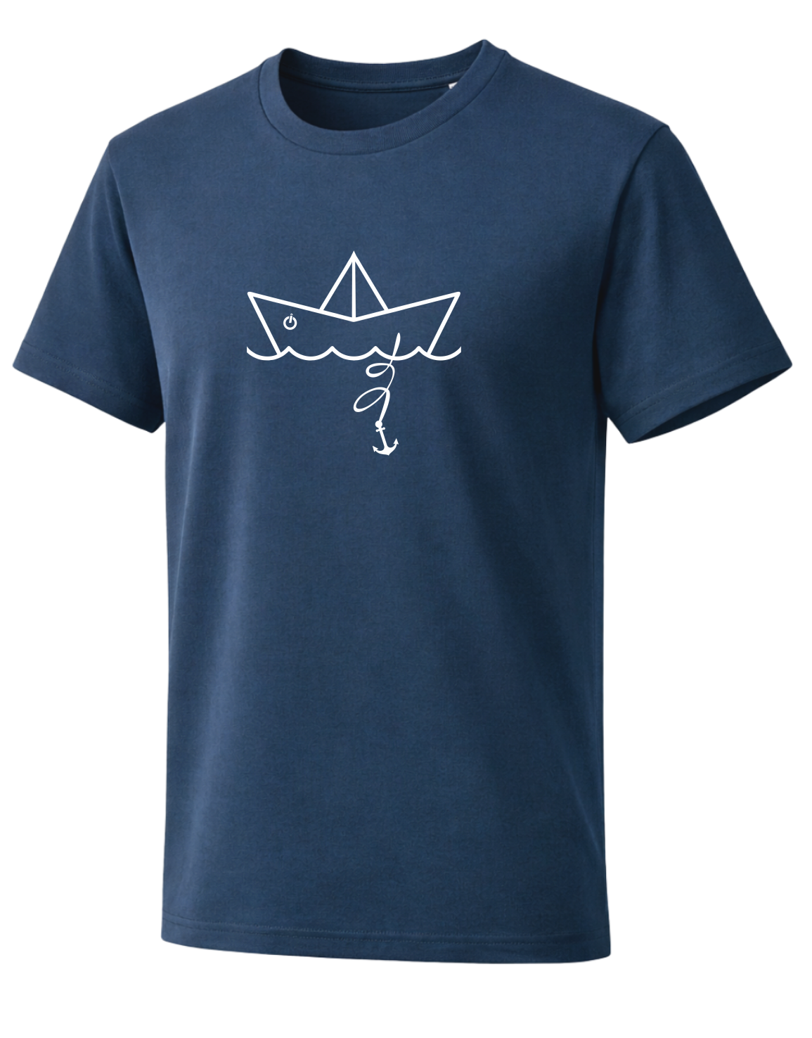 Unisex T-Shirt Papierschiff navy: Dunkelblaues T-Shirt mit schlichtem Papierschiff-Design und Anker-Print, zeitloser maritimer Style für Küsten Mode.
