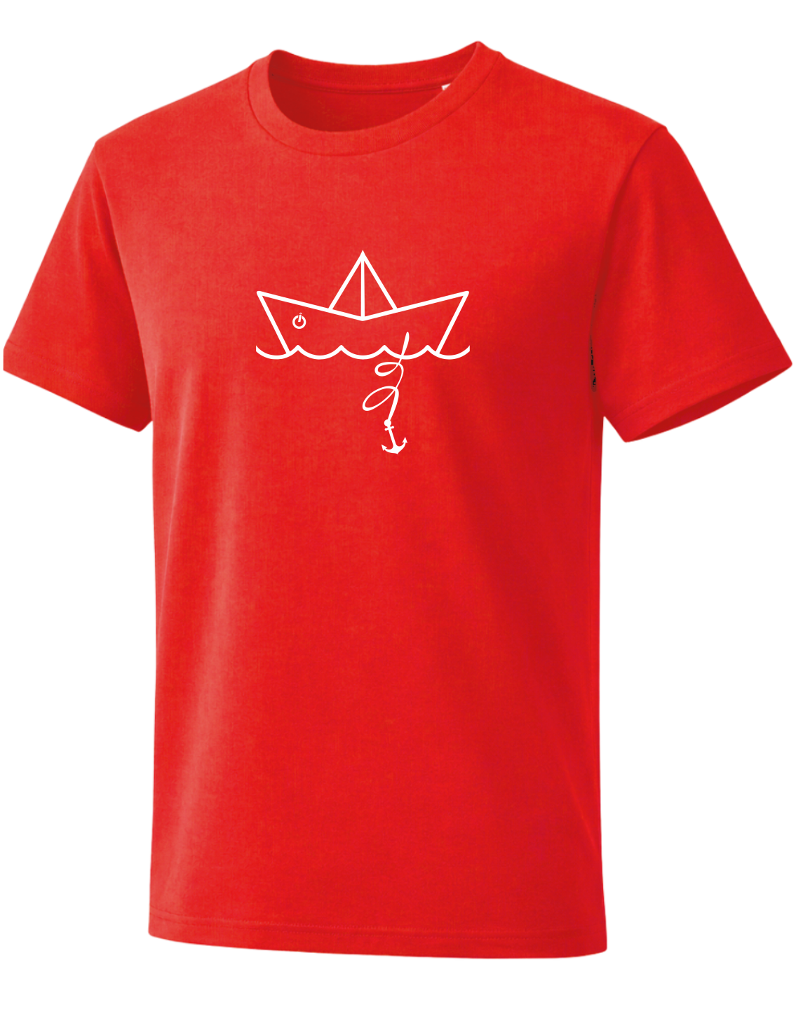 Unisex T-Shirt Papierschiff rot: Rotes Baumwollshirt mit minimalistischem weißen Papierschiff- und Anker-Motiv, moderner Print für maritimen Streetwear Look.