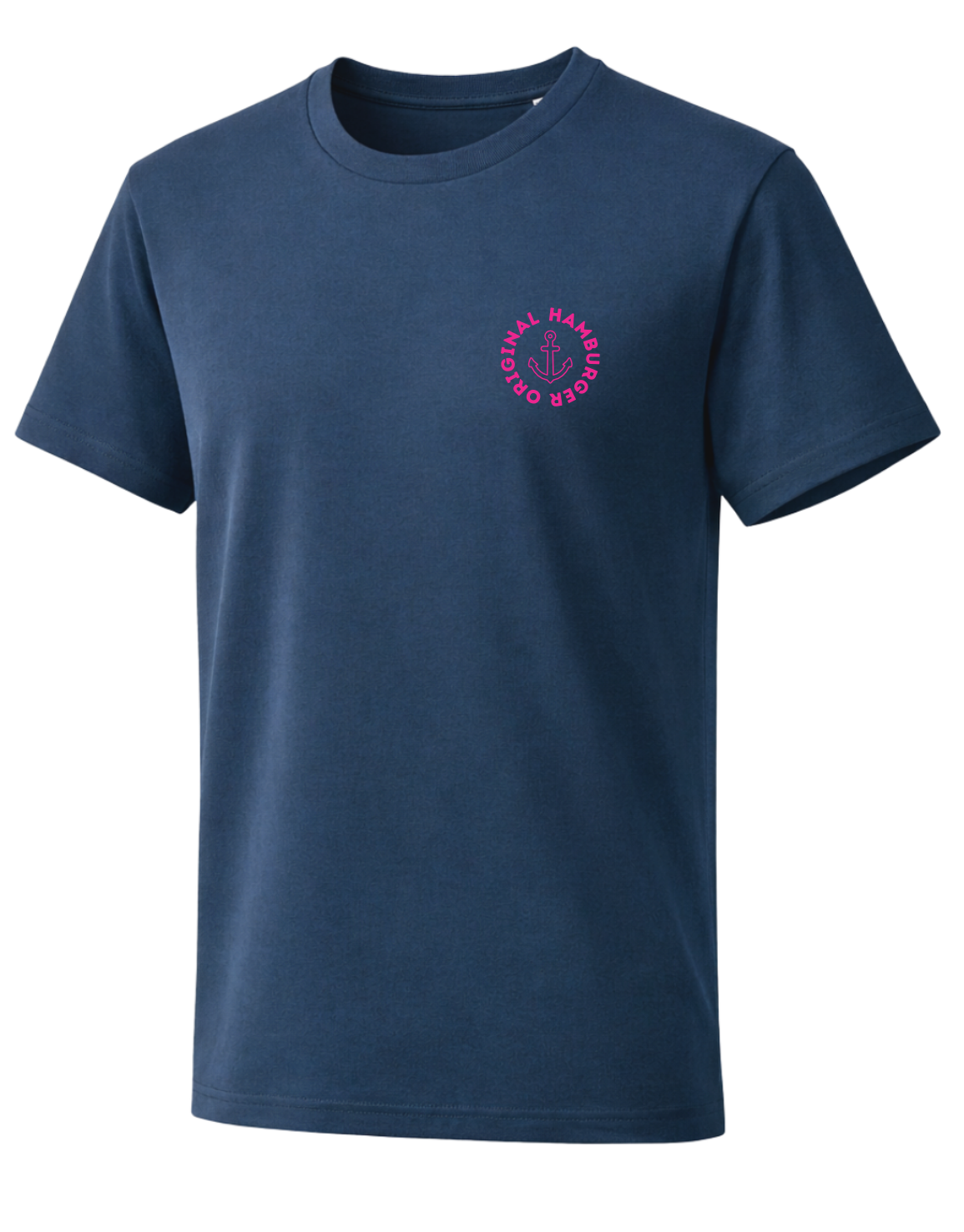 Minimalistisches Hamburg T-Shirt mit pinkem Logo auf navy Stoff – nachhaltig & fair