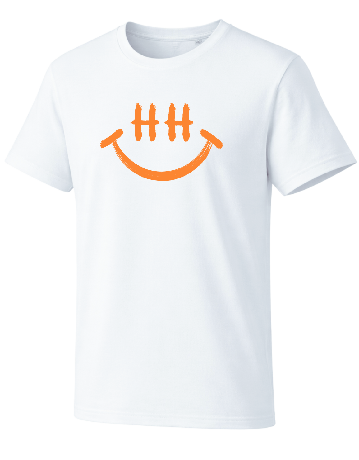 Nachhaltiges weißes unisex T-Shirt mit HH Smiley Design in Neon Orange – Hamburg Streetwear