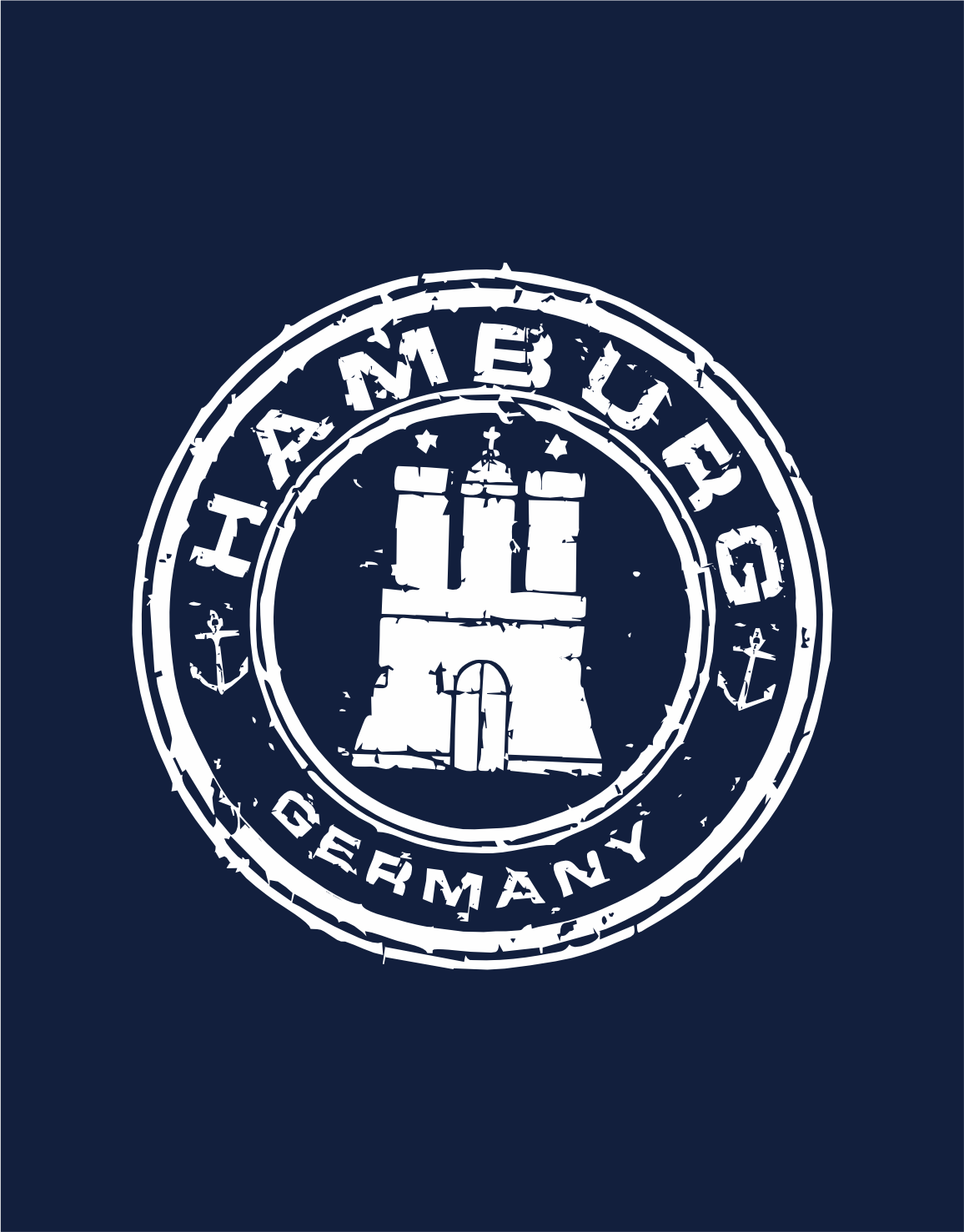 dunkelblauer Hintergnd mit weissem Hamburg Stamp Motiv im vintage Look