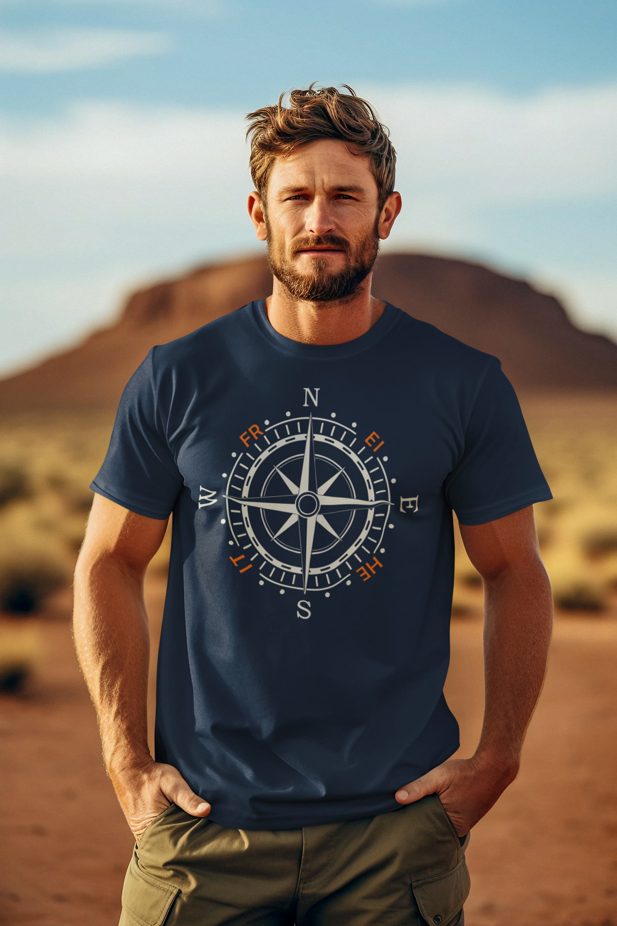 Ki Bild männliches Modell vor Wüstenhintergrund mit navy T-shirt mit kampassrose in weiss ud rot als Design
