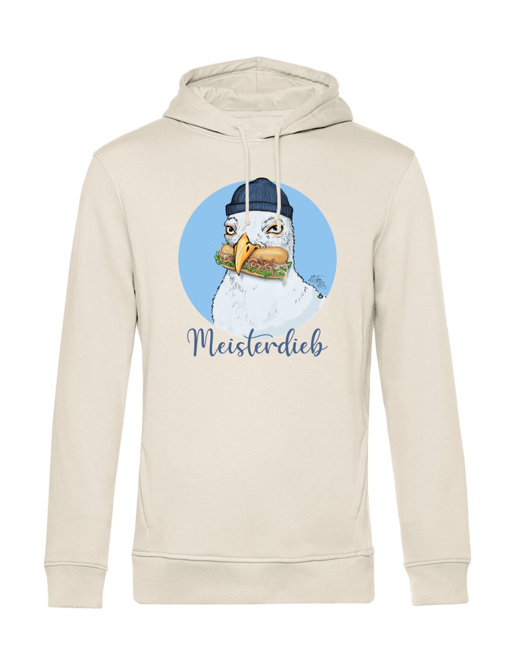 Küstenkalle Meisterdieb Hoodie navy Zeichnung einer Möwe mit einem Fischbrötchen Kapuzensweater blau lustig maritim moin möwen off-to-live