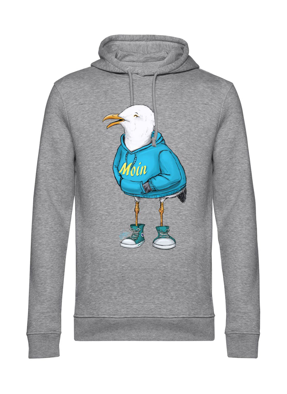 Graumellierter Hoodie aus Bio-Baumwolle mit der Zeichnung einer Möwe die einen Sweater mit Moin trägt. Perfekt für die Küste.