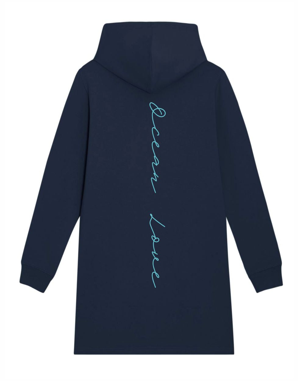 Maritimer Hoodie Longhoodie Kleid navy blau  mit Aufdruck Ocena Love salty Skin sandy feet Papierschiffchen für Küste, Camping & Meer. Zum Segeln im Hafen als Kleid oder mit einer Leggins ist es ein perfektes Strandkleid. off-to-Live nachhaltige Klamotten Bio-Baumwolle & recyceltes polyester