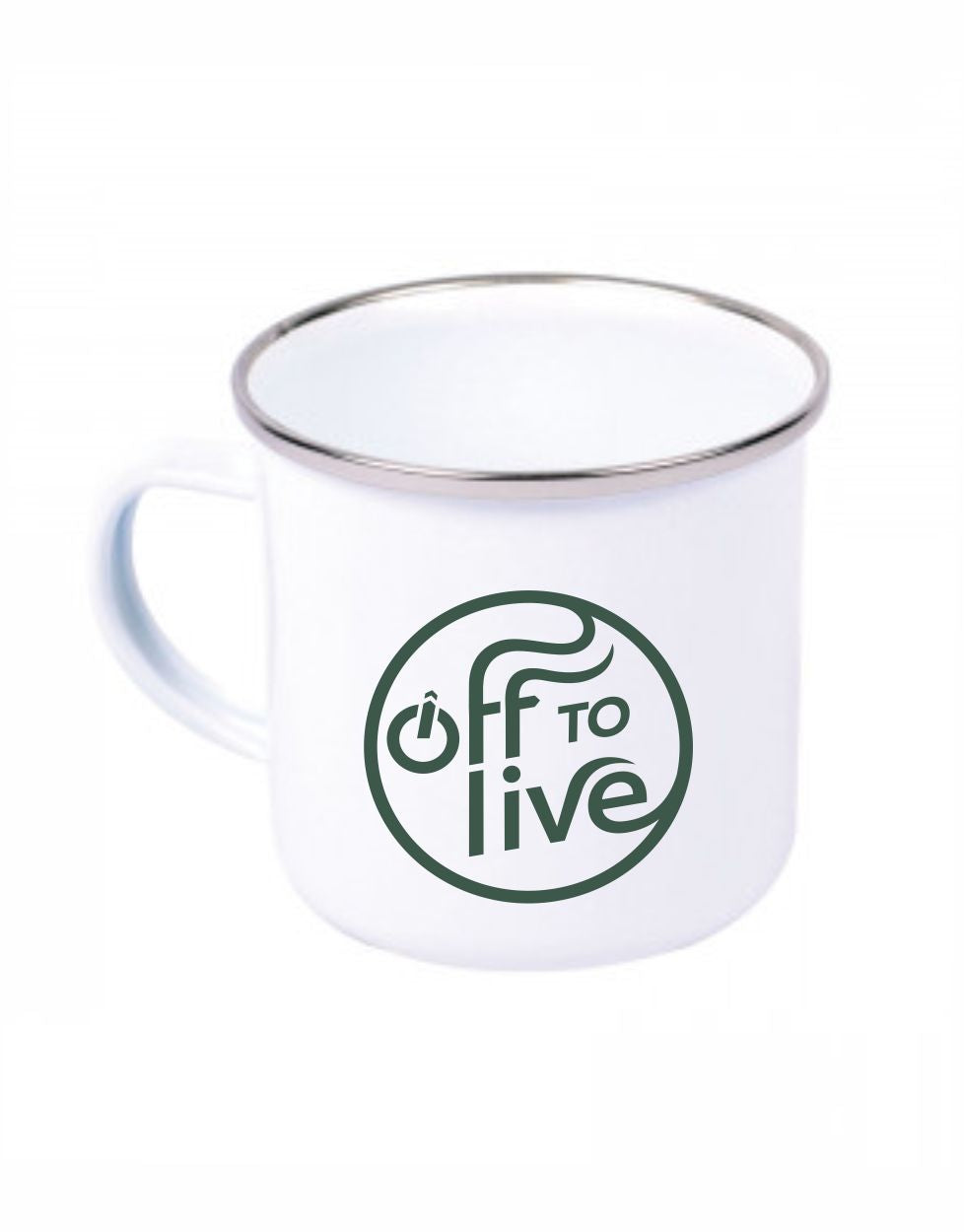 Off to Live Logo grün Emaille Becher