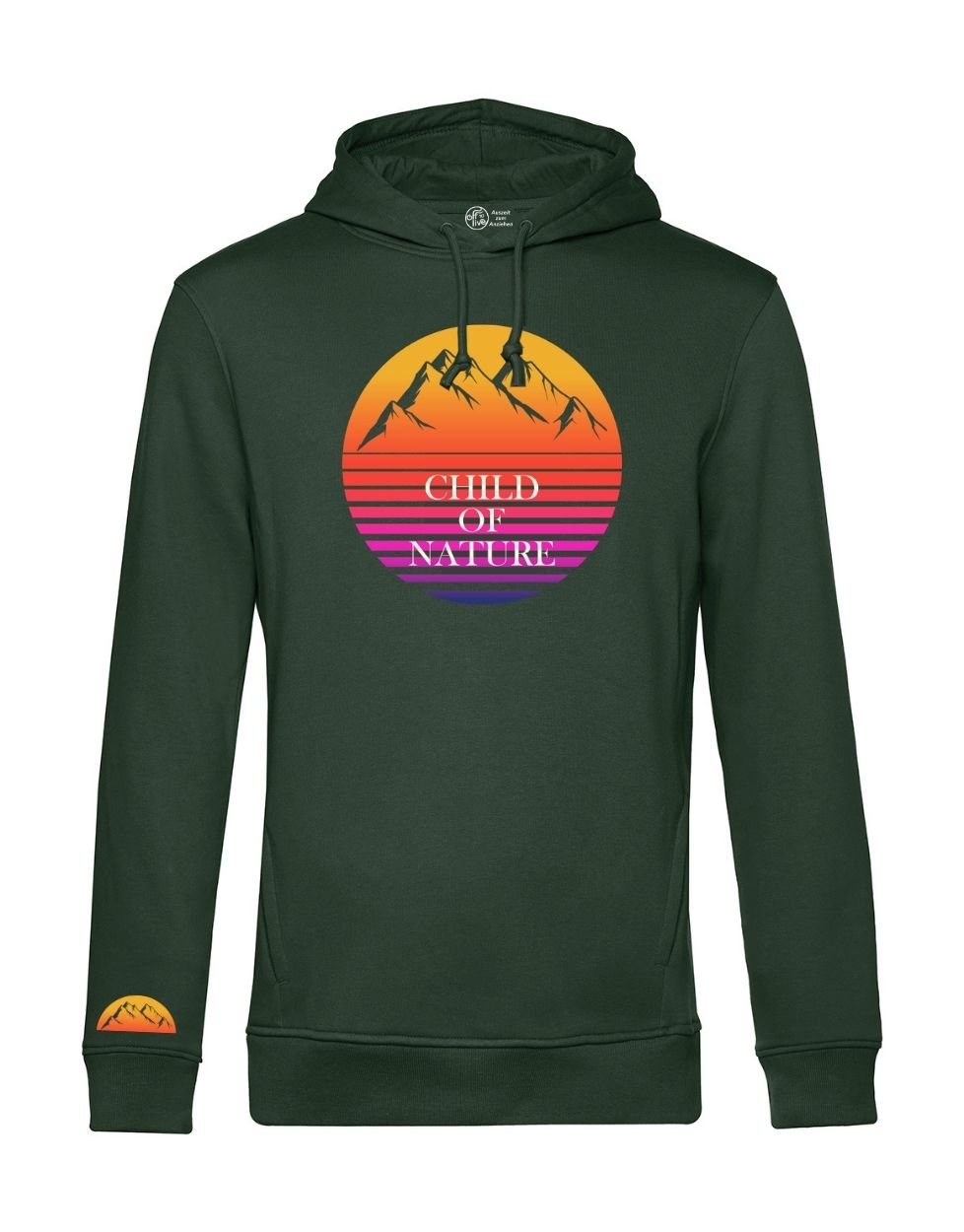 Cooler Hoodie mit Berg Motiv. Kapuzenpulli grün für Wanderer und Naturliebhaber. Für Damen und Herren Off-to-Live