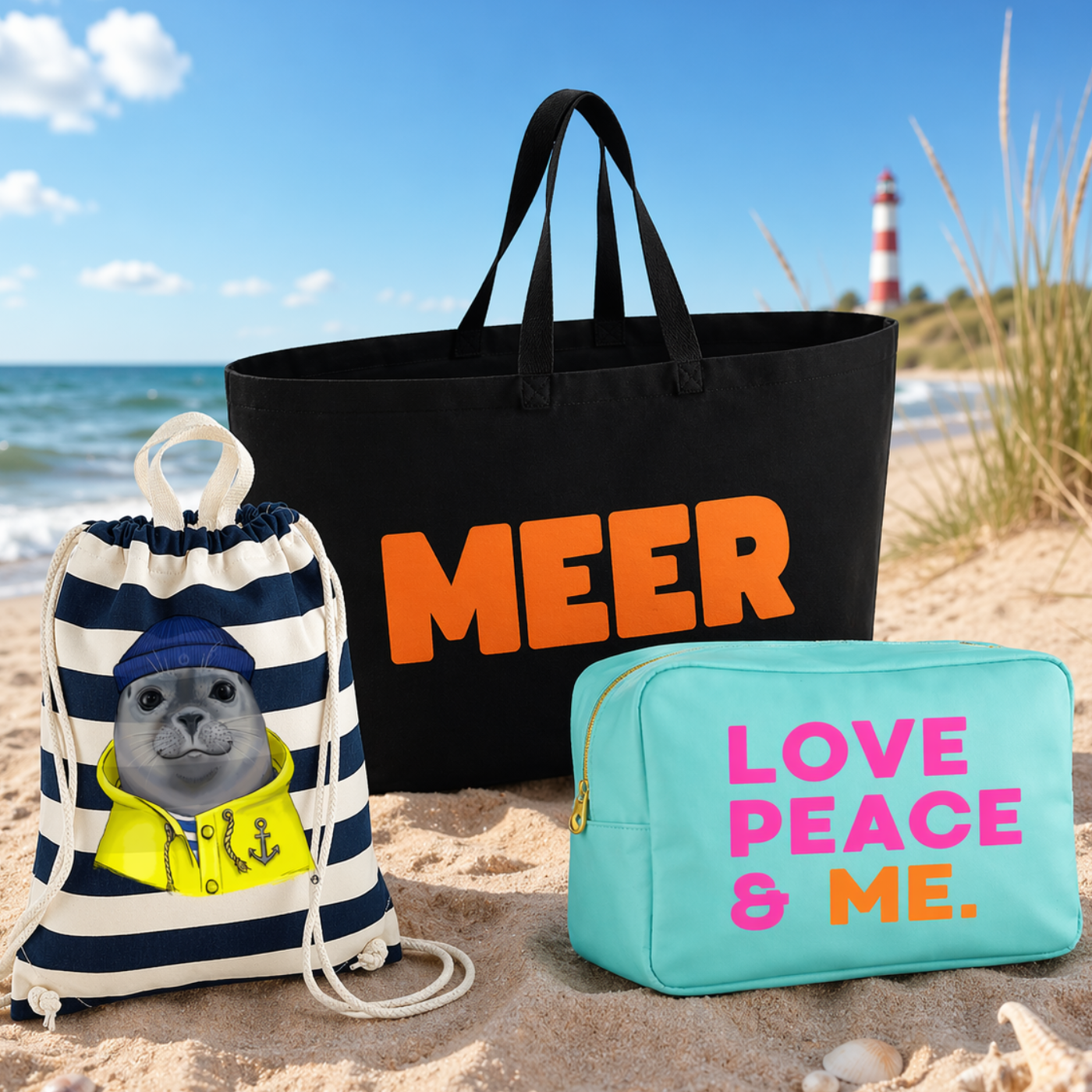 Turnbeutel Rucksack aus Baumwolle navy natur gestreift 12 Liter mit Robben Design maritim