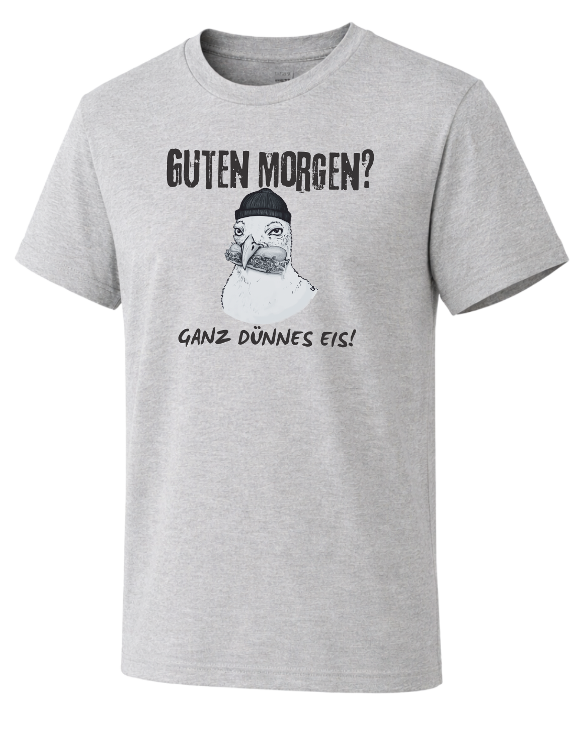 Lustiges Möwen T-Shirt mit norddeutschem Spruch „Guten Morgen? Ganz dünnes Eis!“ auf grauem Shirt im maritimen Hamburg Streetwear Stil.