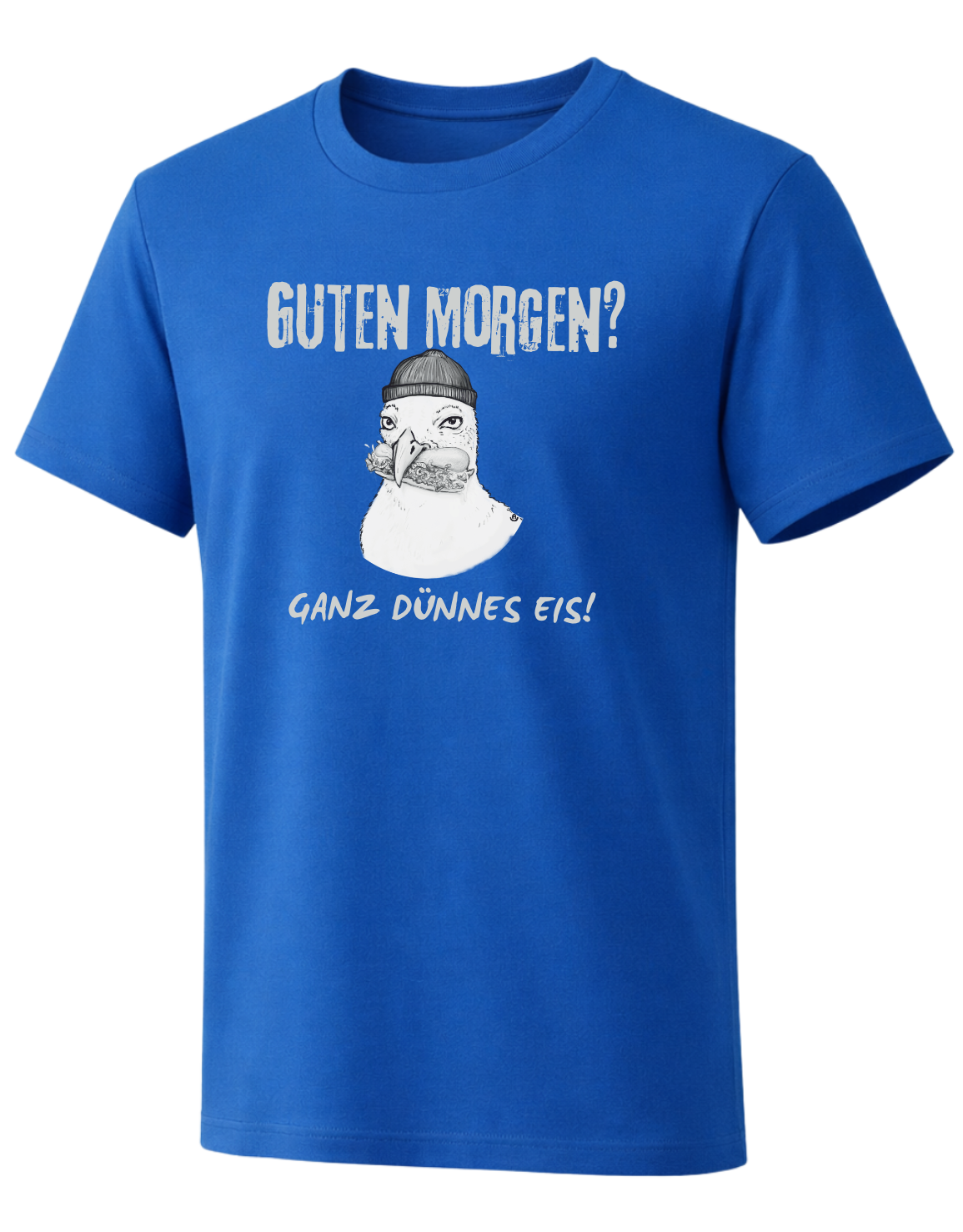 Royalblaues lustiges T-Shirt mit handgezeichneter Möwe mit Beanie und maritimem Statement Print aus Hamburg.