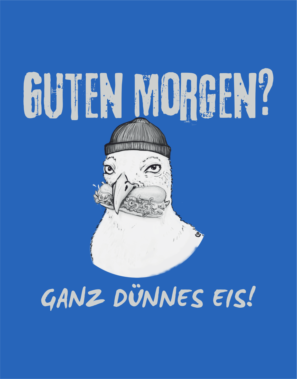 Motiv von Royalblauen Unisex T-Shirt mit frecher Möwe im Beanie und Spruch „Guten Morgen? Ganz dünnes Eis!“. Maritimes Fun-Shirt im modernen Streetwear-Look.