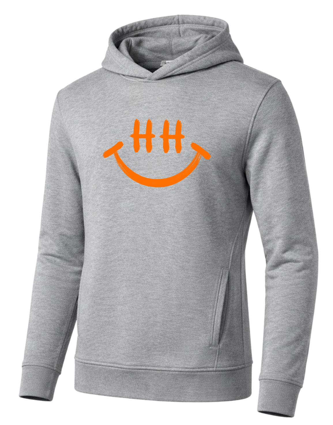 Grauer Hoodie mit Kapuze und seitlichen Eingrifftaschen, bedruckt mit einem leuchtend orangefarbenen Smiley-Motiv. Die Augen sind als „HH“ gestaltet, darunter ein breiter, geschwungener Mund. Der Stoff wirkt weich und alltagstauglich.