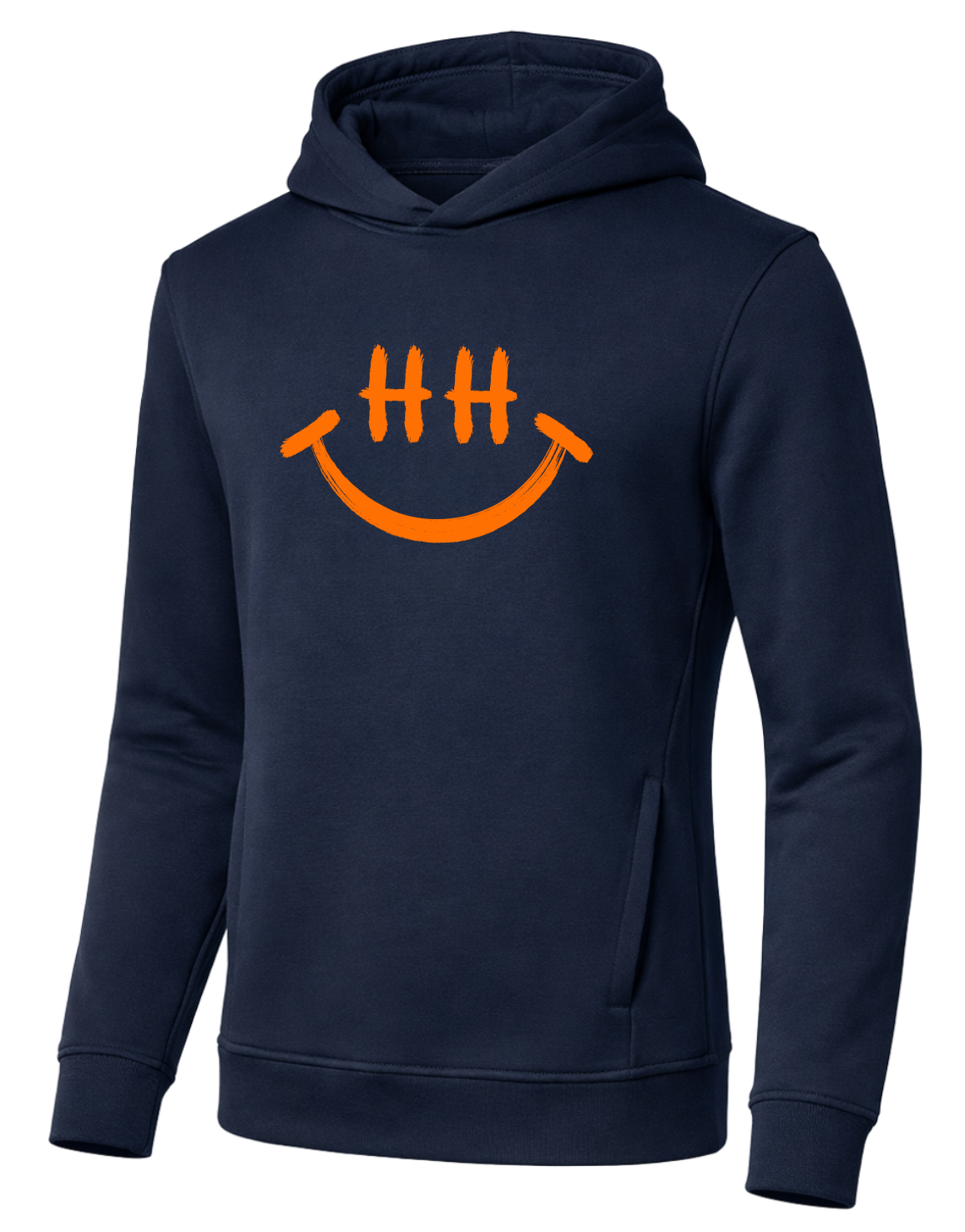 Dunkelblauer Hoodie mit Kapuze und seitlichen Eingrifftaschen, vorne verziert mit einem kontrastreichen orangefarbenen Smiley-Print mit „HH“-Augen und geschwungenem Lächeln. Klassisches Design für Freizeit und Alltag.