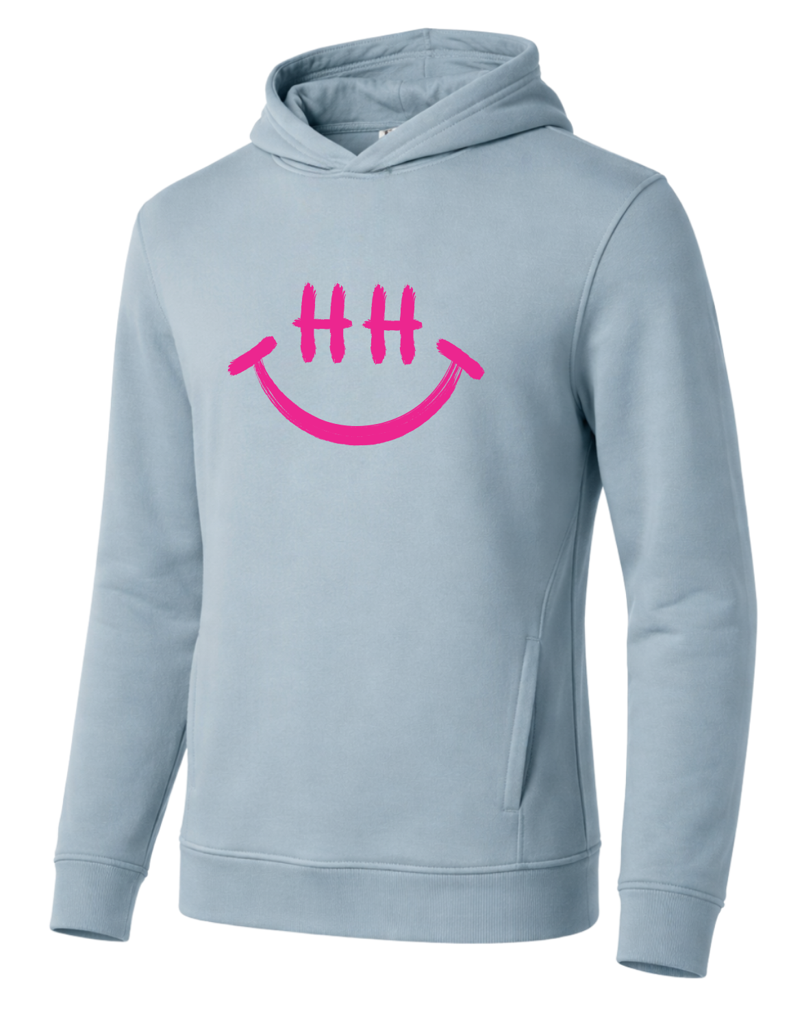Hellblauer Hoodie mit pinkem Smiley-Print und „HH“-Augen auf der Brust