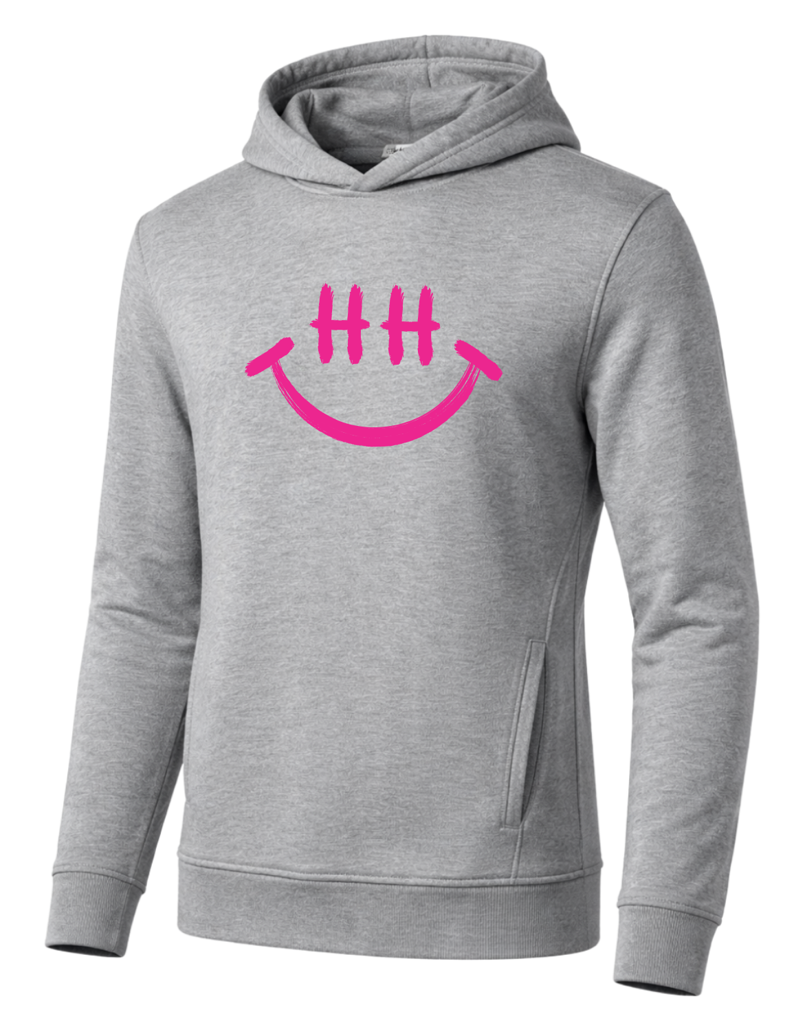 Grauer Hoodie mit auffälligem pinkem Smiley-Design und „HH“-Augen vorne
