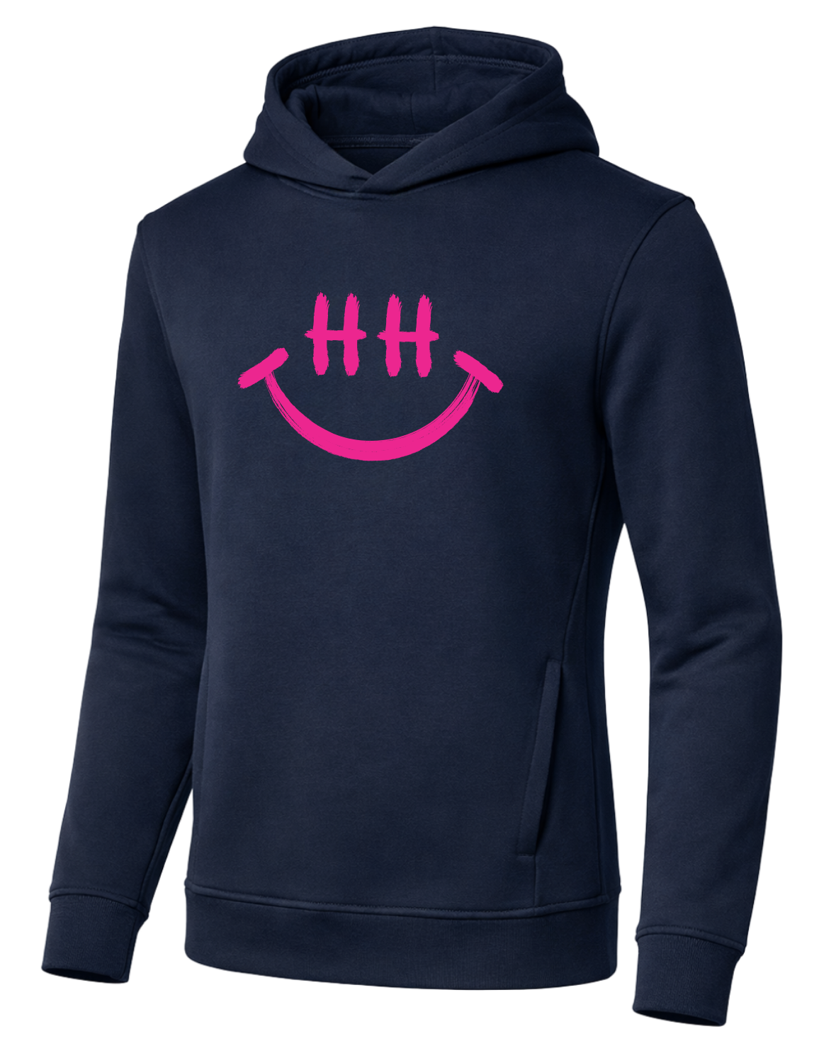 Dunkelblauer Hoodie mit pinkem Smiley-Print und stylisierten „HH“-Augen