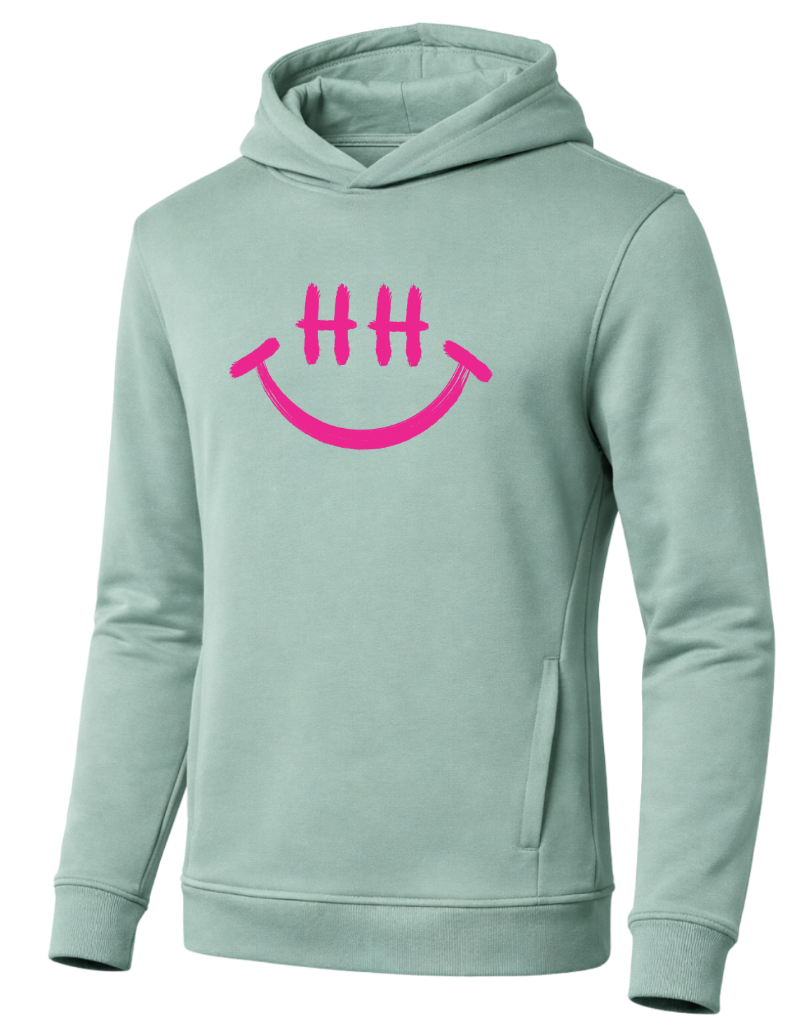 Mintgrüner Hoodie mit pinkem Smiley-Logo und „HH“-Augen auf der Vorderseite