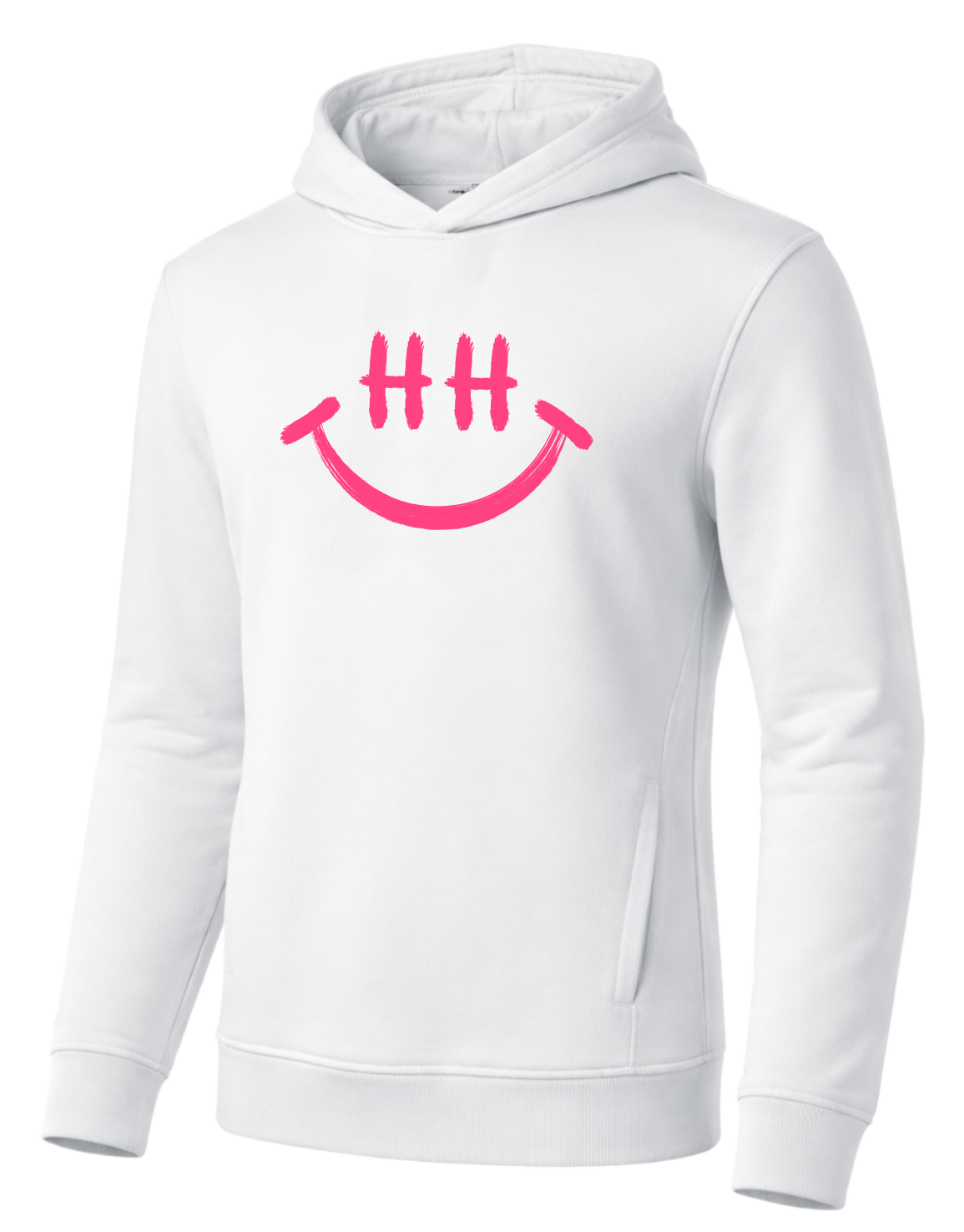 Sommerlich weißer Hoodie mit pinkem Smiley-Motiv und „HH“-Augen auf der Brust cooles hamburg Motiv