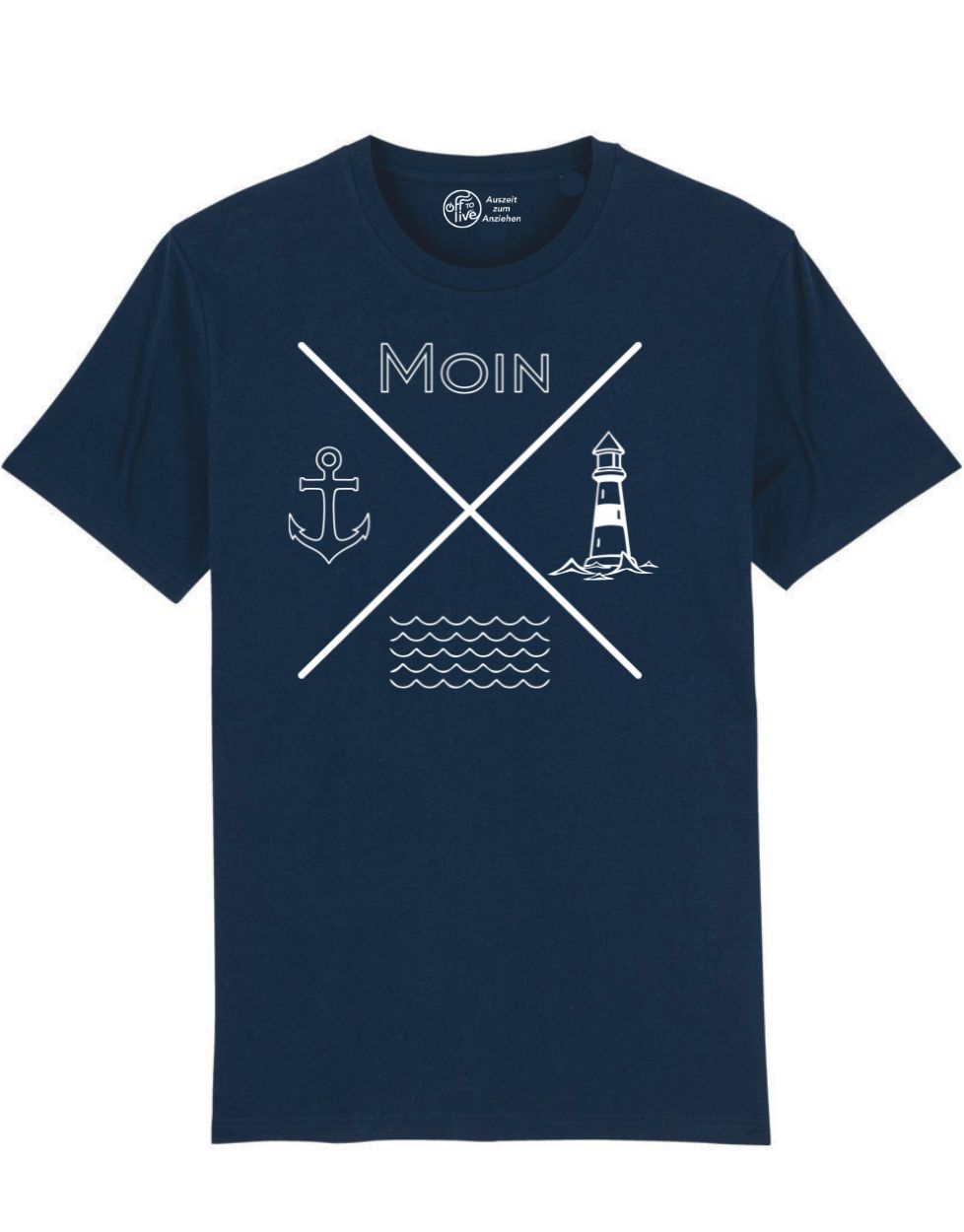 t-Shirt Moin Anker Welle Leuchturm Grafik weiß auf navy bio Baumwolle