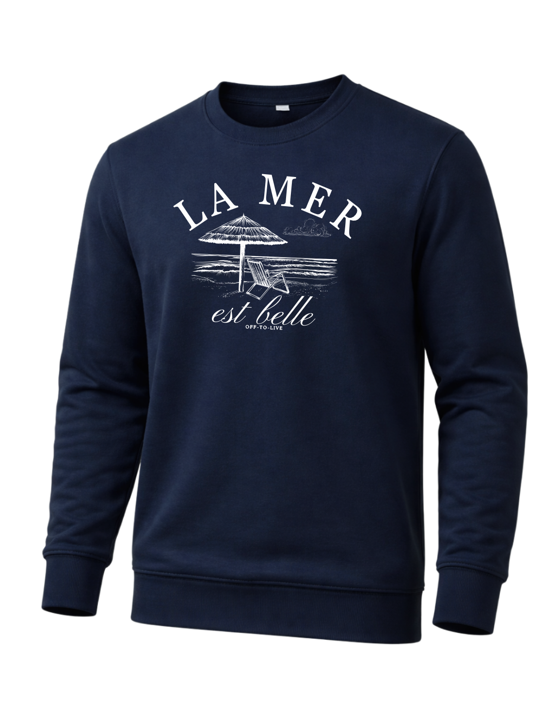 Dunkelblauer Sweater mit elegantem ‘La Mer est belle’-Print in Weiß – zeitloser Unisex-Pullover mit maritimem Strandmotiv (Sonnenschirm & Meerblick), angenehm weich und ideal für stilvolle Casual-Outfits mit frischem Küsten-Feeling.