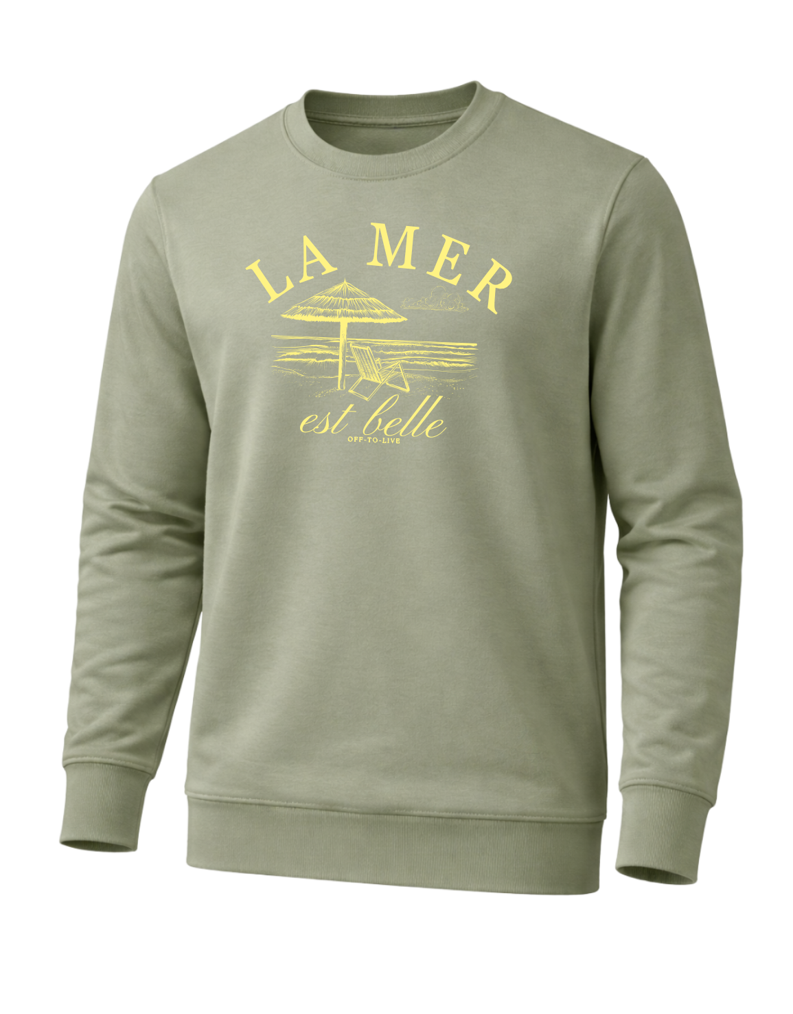 Olivgrüner Sweater mit stilvollem ‘La Mer est belle’-Print in Gelb – lässiger Unisex-Pullover mit maritimem Strandmotiv (Sonnenschirm, Meerblick), weich, modern und perfekt für entspannte Freizeit-Looks mit sommerlichem Flair. wunderschönes leichtes Sweatshirt von Off-to-live